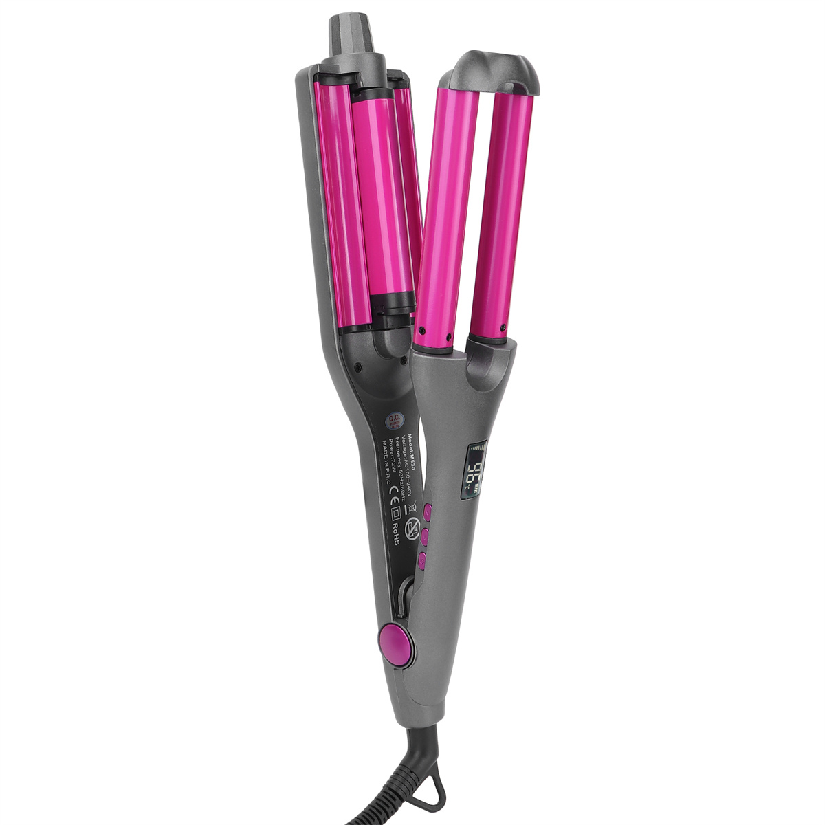 Haarwellengerät auf weißem Hintergrund, mit pinken Platten und Digitalanzeige.