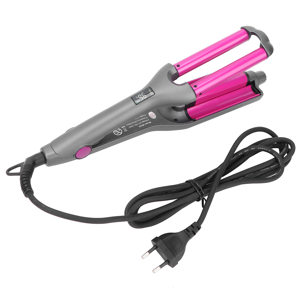 Pink-grauer Haar-Waver mit schwarzem Kabel und Stecker auf weißem Hintergrund.