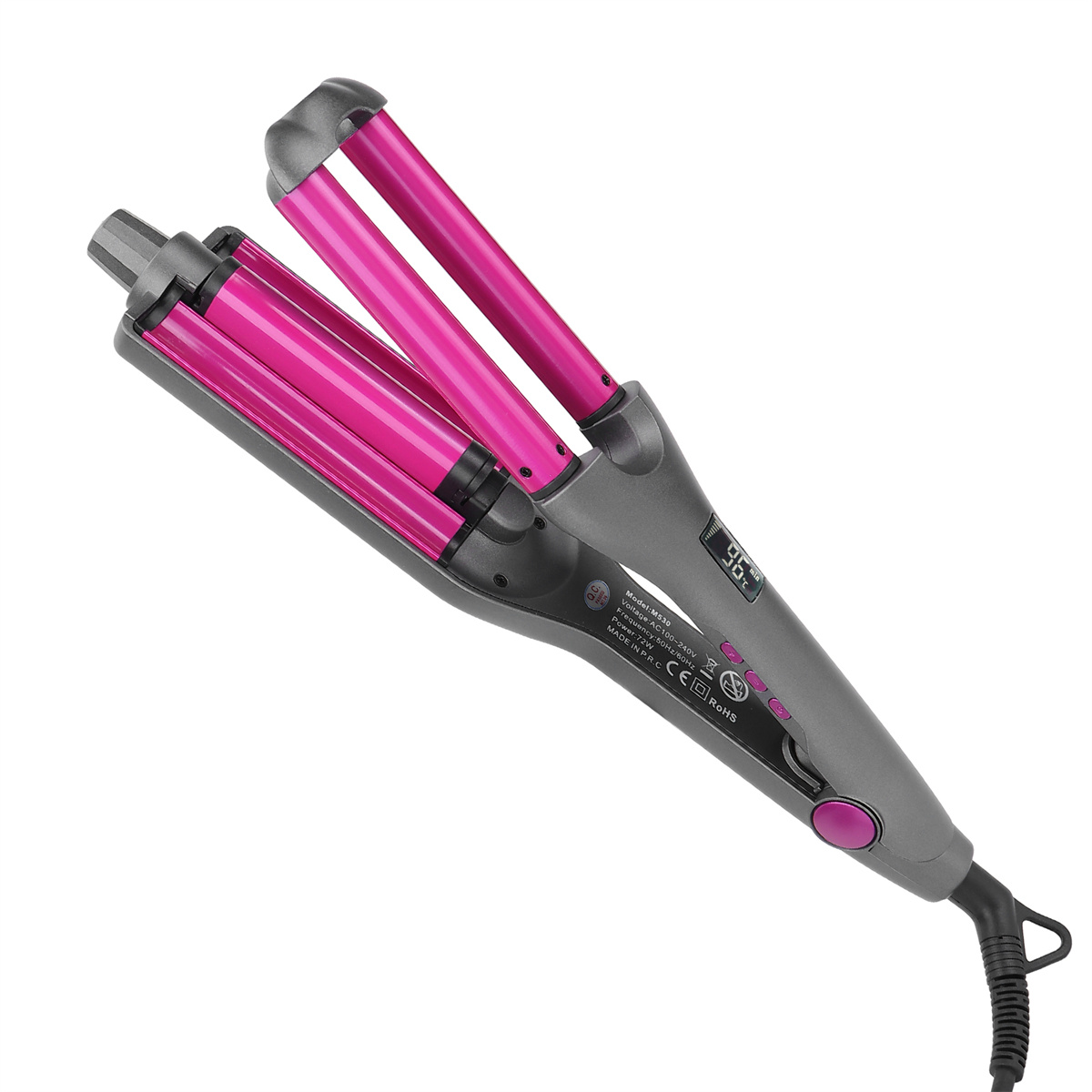 Rosa und graues Haarwelleneisen, schräge Ansicht, mit Digitalanzeige.