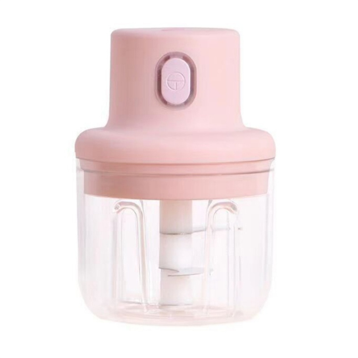 Rosa Mini-Zerkleinerer, Draufsicht. Transparenter Behälter. Weißer Hintergrund.