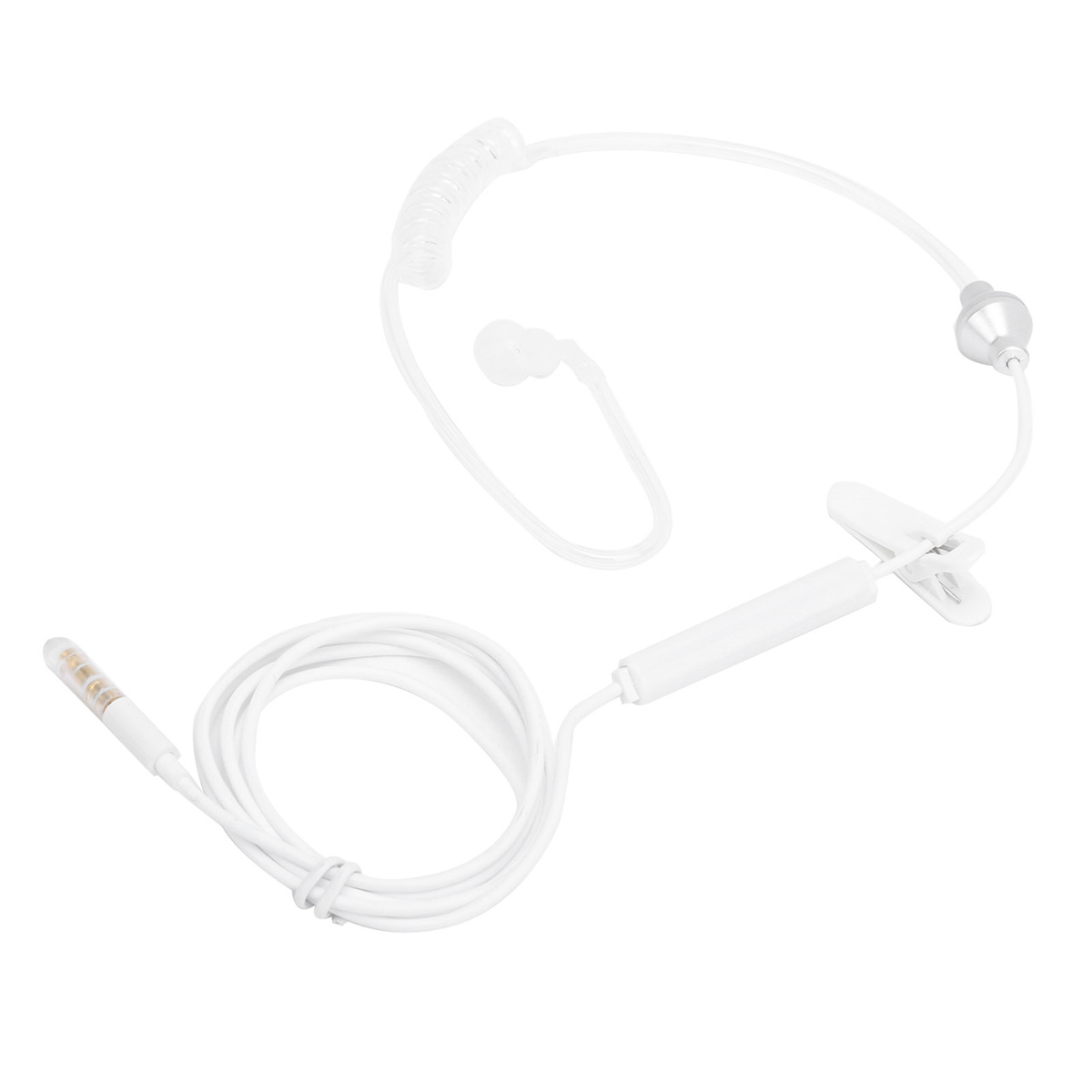 Ein weißes In-Ear-Headset mit Clip und 3,5-mm-Klinke auf weißem Hintergrund.