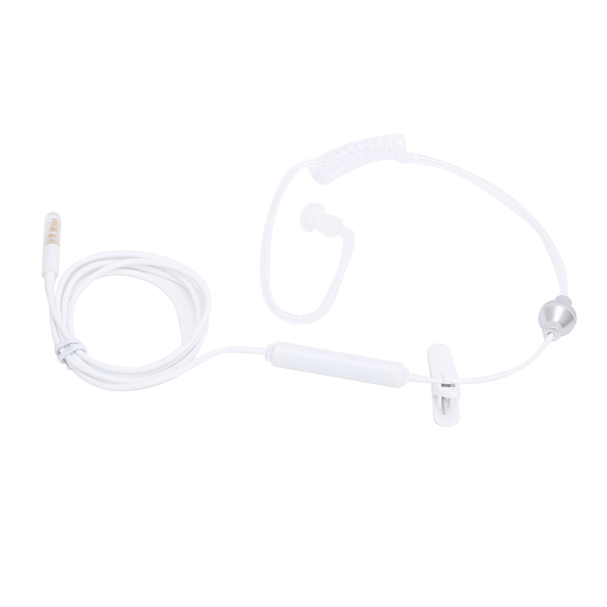 Weiße Ohrhörer mit Clip und Kabel. Angeschlossen an einen 3,5-mm-Stecker.
