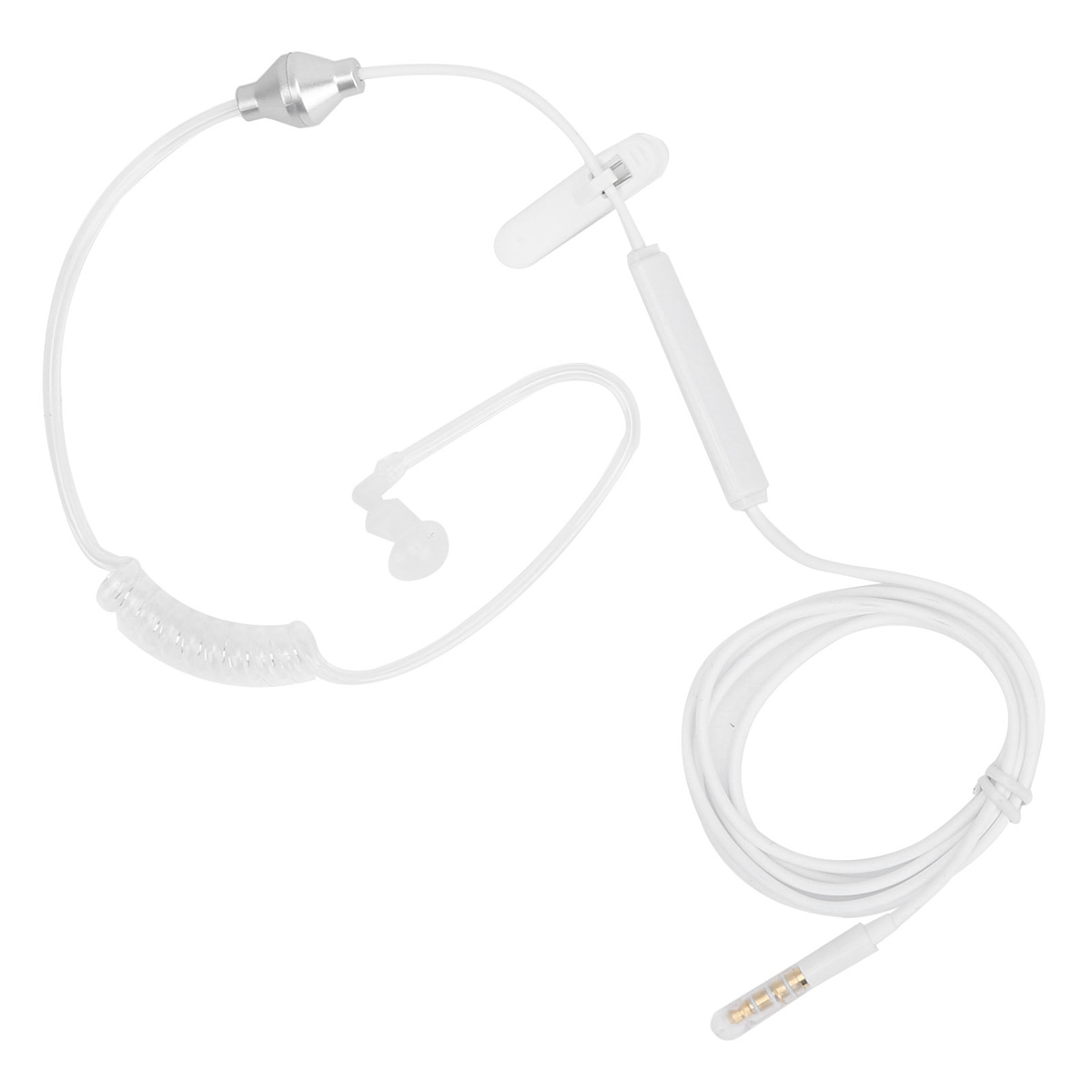 Weißes Headset mit Mikrofon und transparentem Schlauch, verbunden mit einem weißen Kabel.