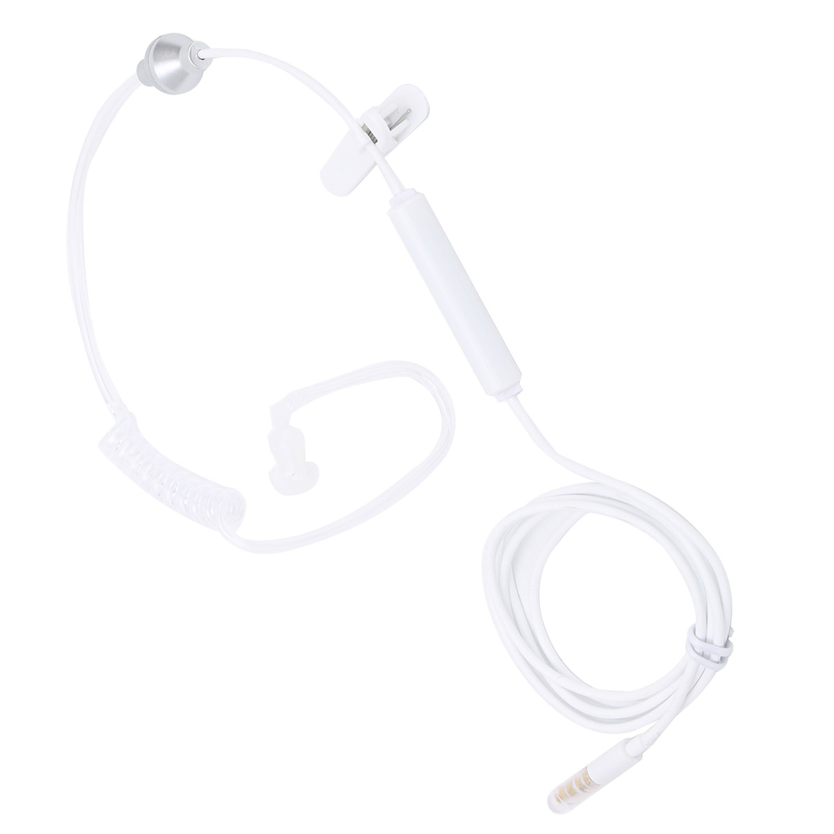 Weißes Sicherheits-Ohrhörer mit Mikrofon und Kabel.