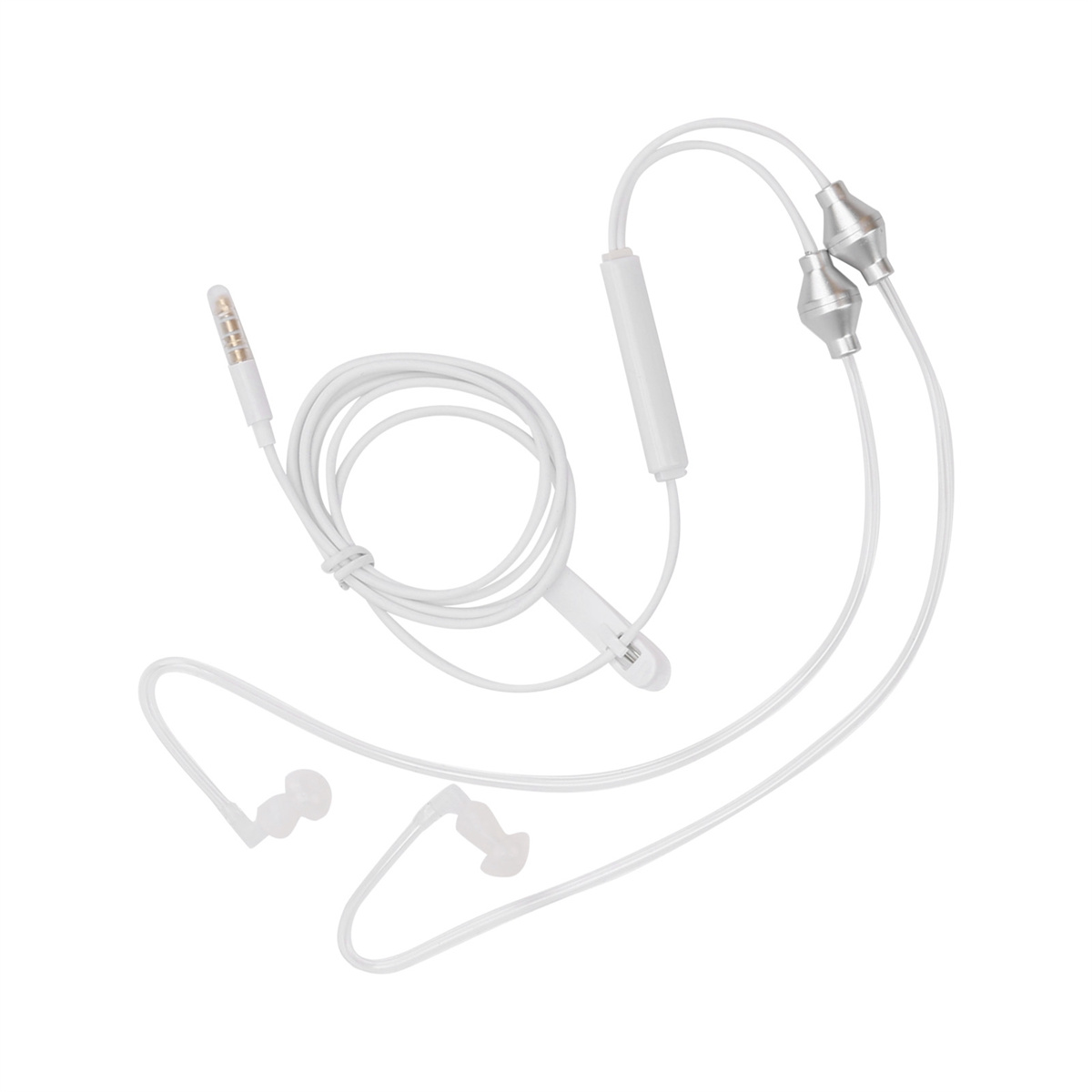 Weiße In-Ear-Kopfhörer mit Fernbedienung und zwei Ohrhörern. Weißer Hintergrund.