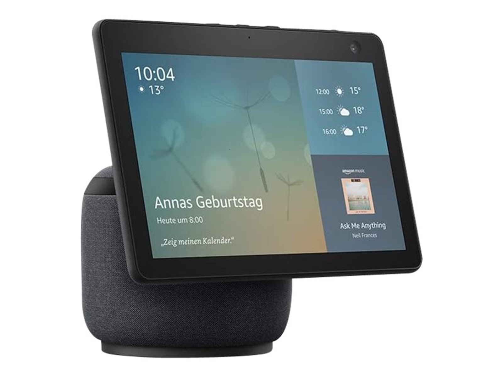 Ein schwarzes Smart-Display auf einem dunkelgrauen Sockel. Der Bildschirm zeigt Informationen und das Amazon-Logo.