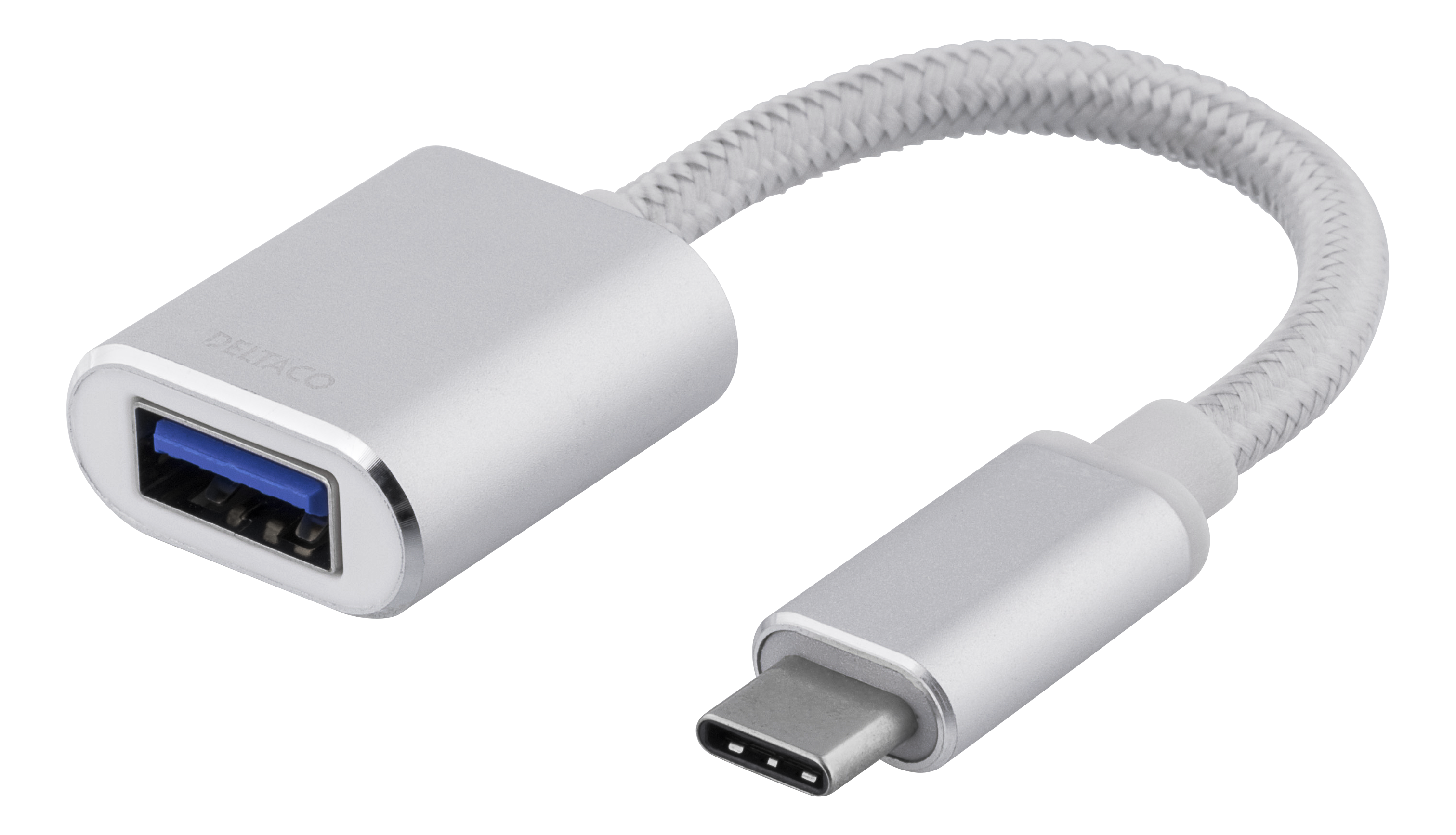 Cavo adattatore da USB-C a USB-A argentato. Cavo intrecciato bianco e connettori.