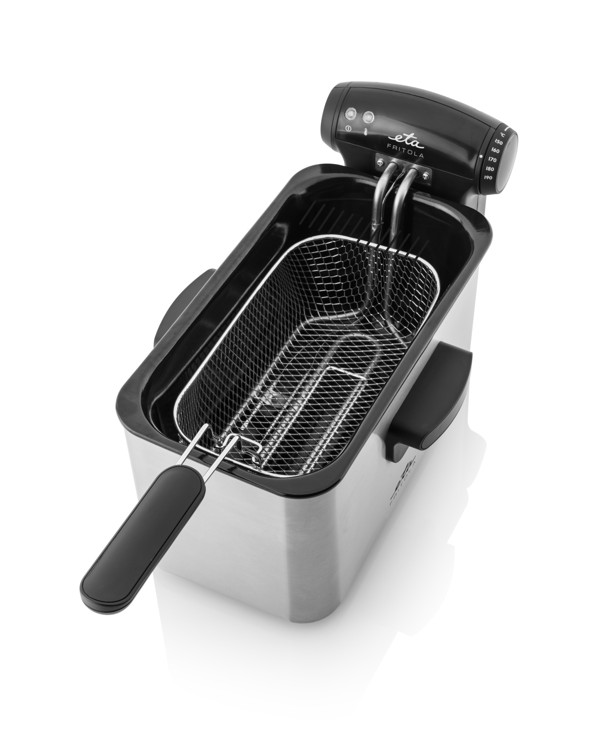 Friggitrice in acciaio inox con cestello e comandi. La friggitrice è vuota e pronta all'uso.