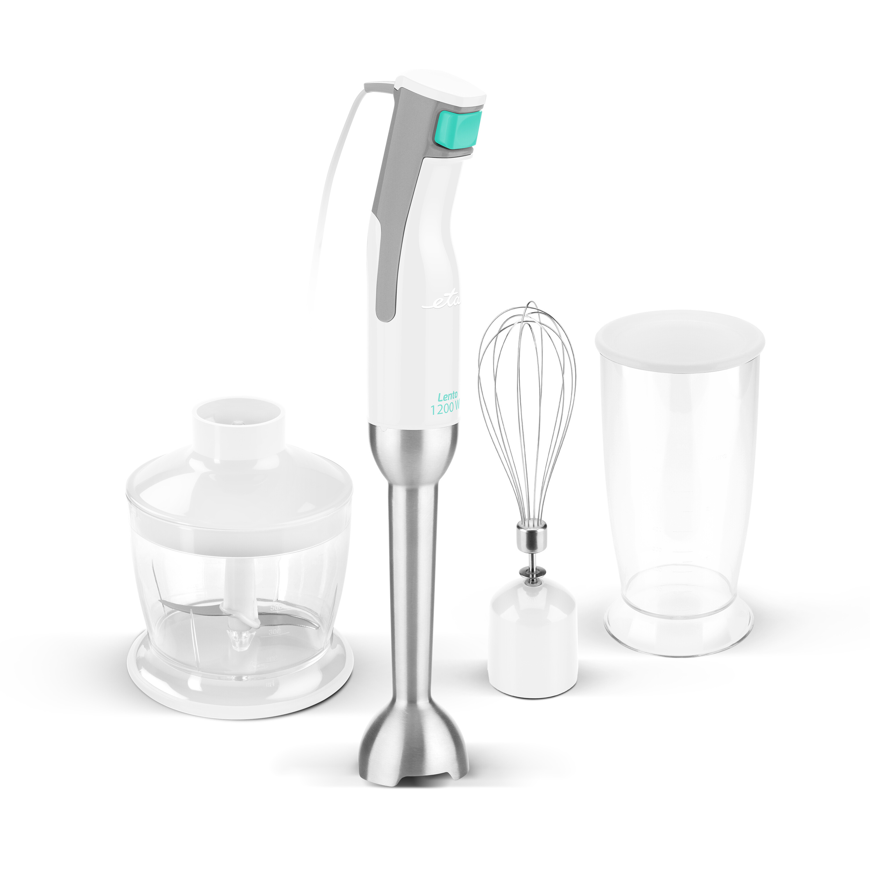 Frullatore a immersione bianco e grigio con accessori. Include una ciotola con lama, frusta e bicchiere.
