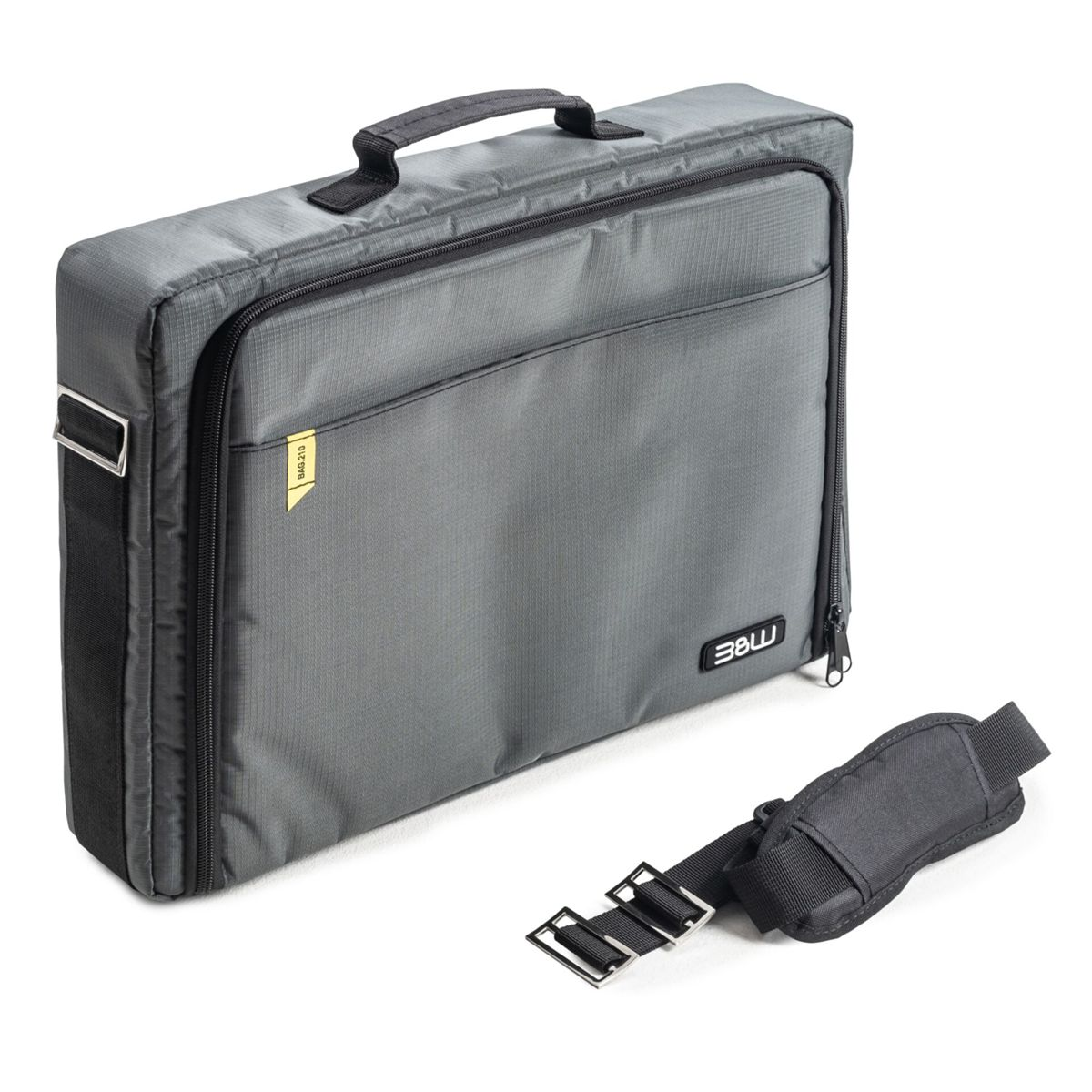 Graue Laptoptasche mit schwarzen Akzenten, Griff und Riemen, vor weißem Hintergrund.