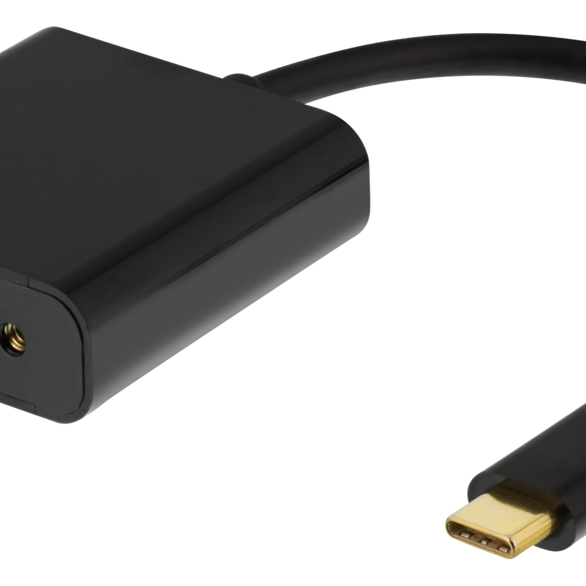 Een zwarte adapter met een USB-C-poort en een kabel.