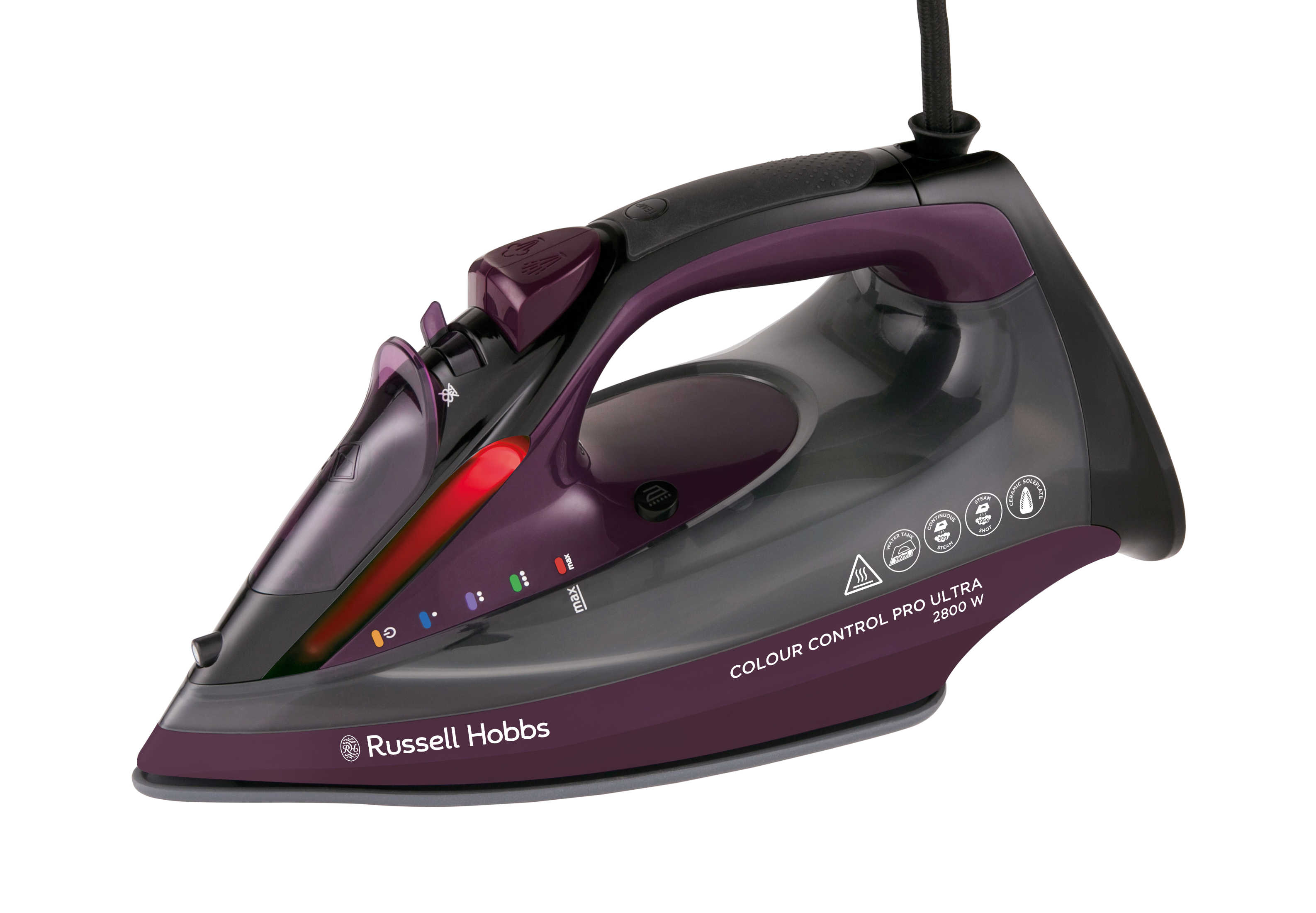 Lila und schwarzes Bügeleisen auf weißem Hintergrund, mit dem Markennamen 'Russell Hobbs'.