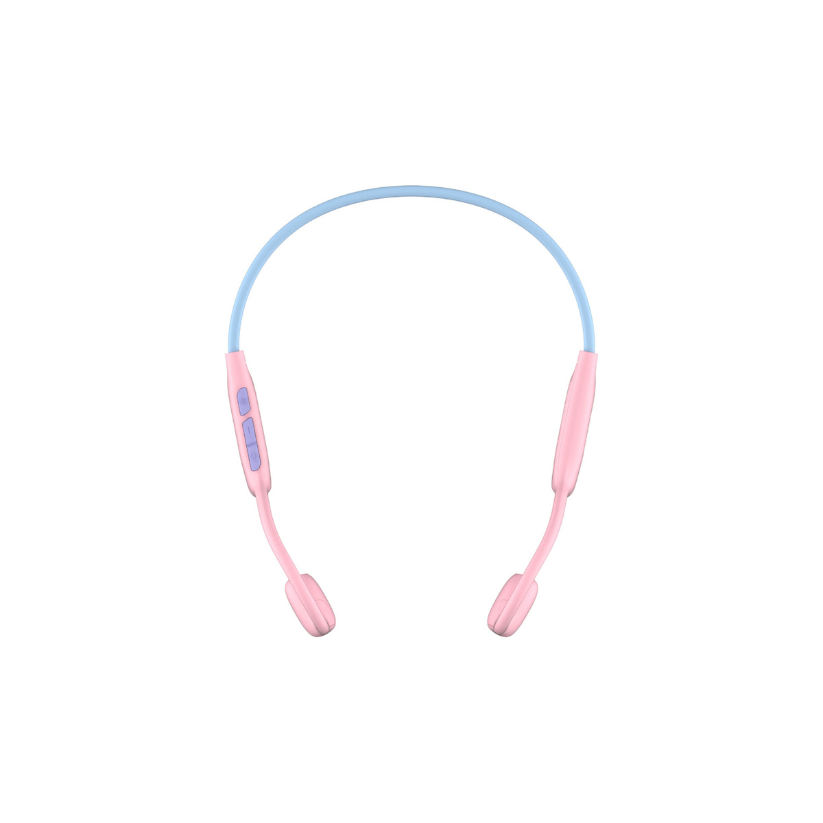 Drahtlose Kopfhörer in Rosa und Blau. Der Rahmen ist blau, die Ohrhörer sind rosa.