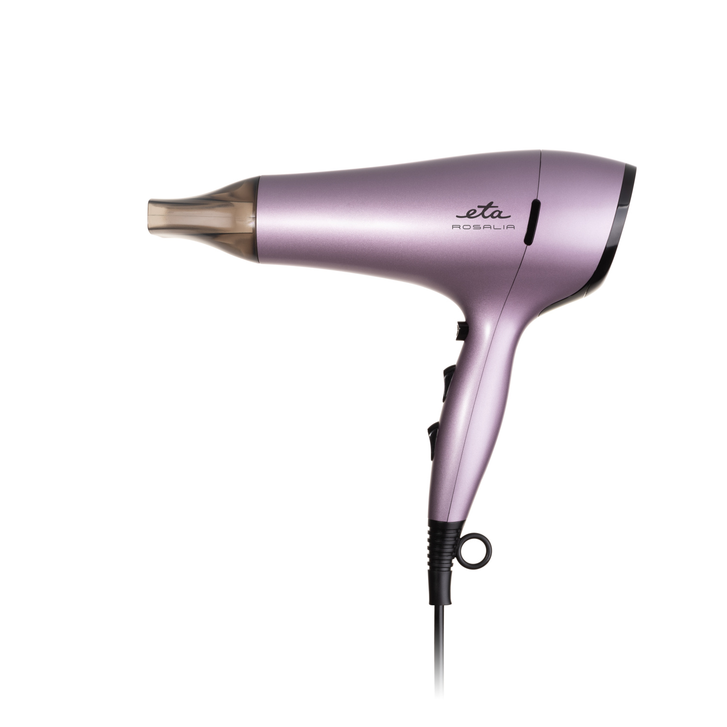 Ein Haartrockner, rosa mit schwarzen Akzenten. Auf der Seite steht das Wort 'eta' und 'ROSALIA'.