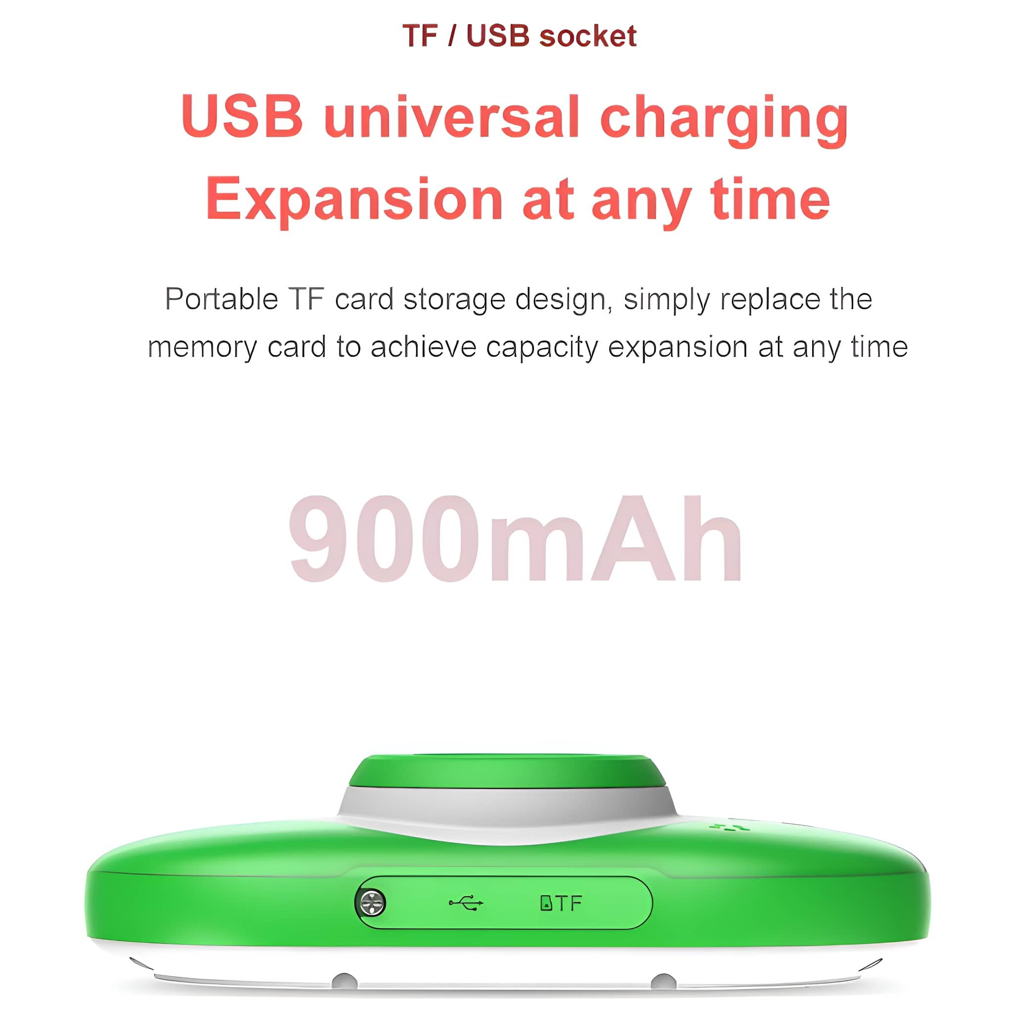 Grünes Gerät mit weißer Oberseite, Text über USB-Aufladung, TF-Karte und Kapazität: 900 mAh.