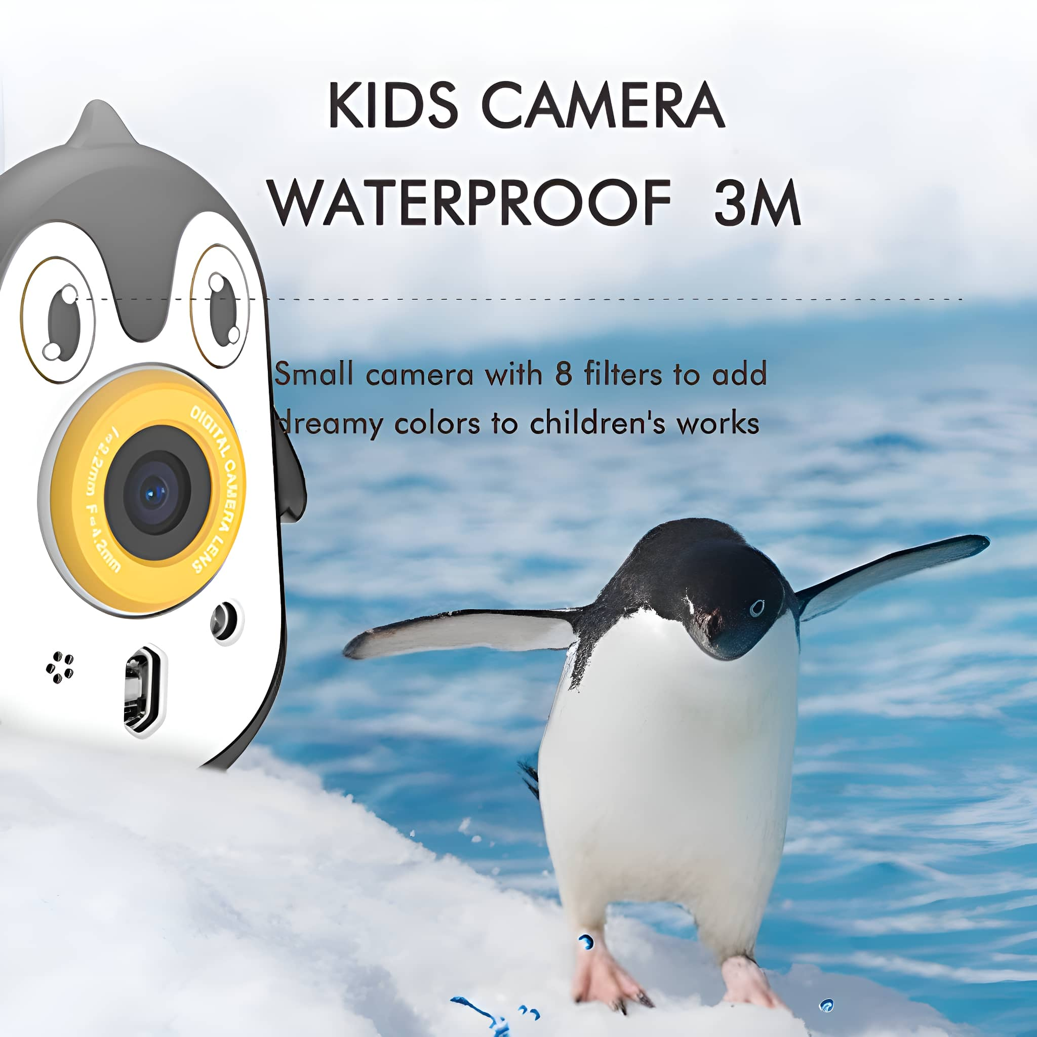 Ein Pinguin und eine Kinderkamera mit Text 'Kids Camera Waterproof 3M' auf blauem Hintergrund.