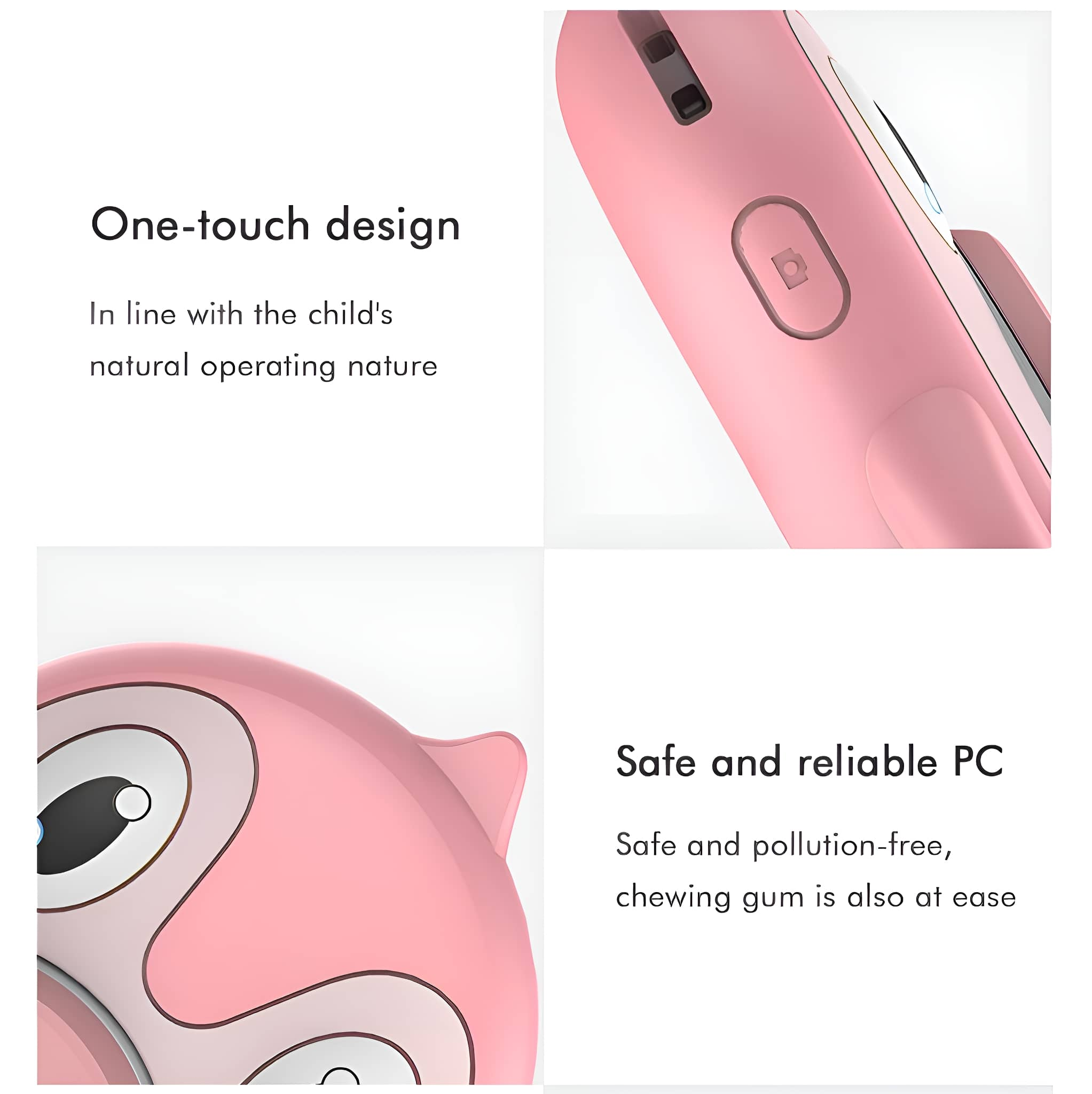 Rosa Gerät mit Text, der One-Touch-Design und sicheres und zuverlässiges PC angibt.