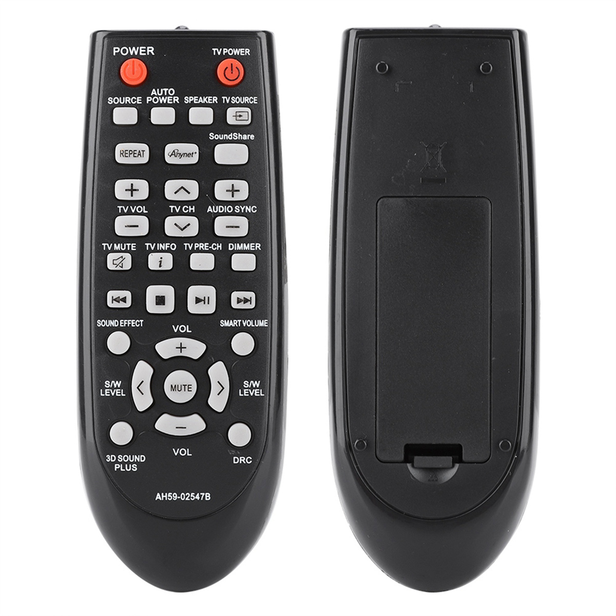 Schwarze TV-Fernbedienung. Die Tasten sind mit Funktionen wie Ein/Aus, Lautstärke und Kanal beschriftet.