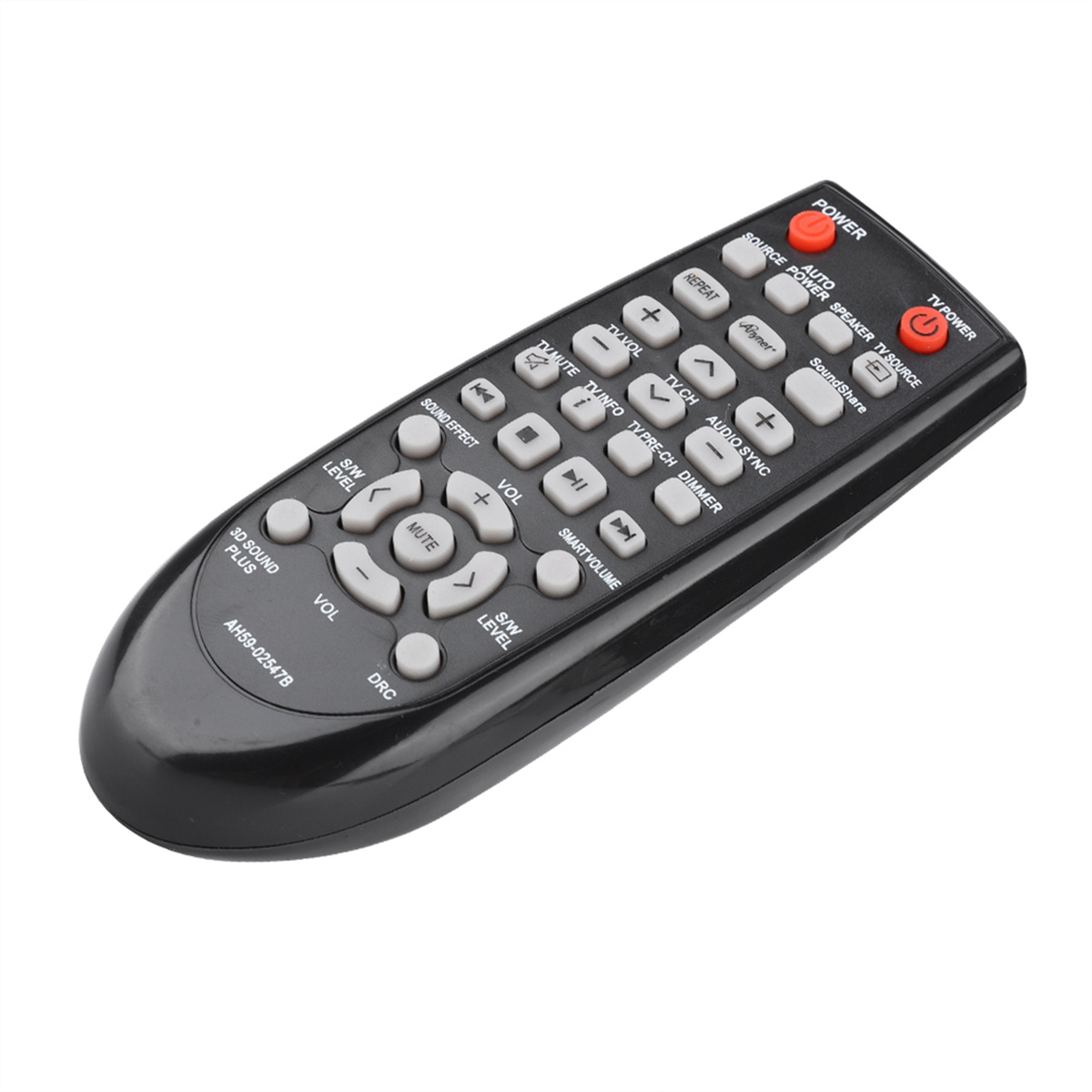Eine schwarze TV-Fernbedienung mit Knöpfen, isoliert auf weißem Hintergrund.