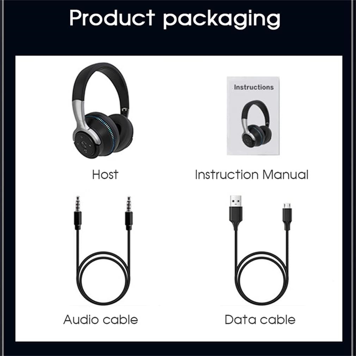 Produktverpackung mit Kopfhörern, Bedienungsanleitung, Audiokabel und Datenkabel. Die Artikel sind weiß und schwarz.