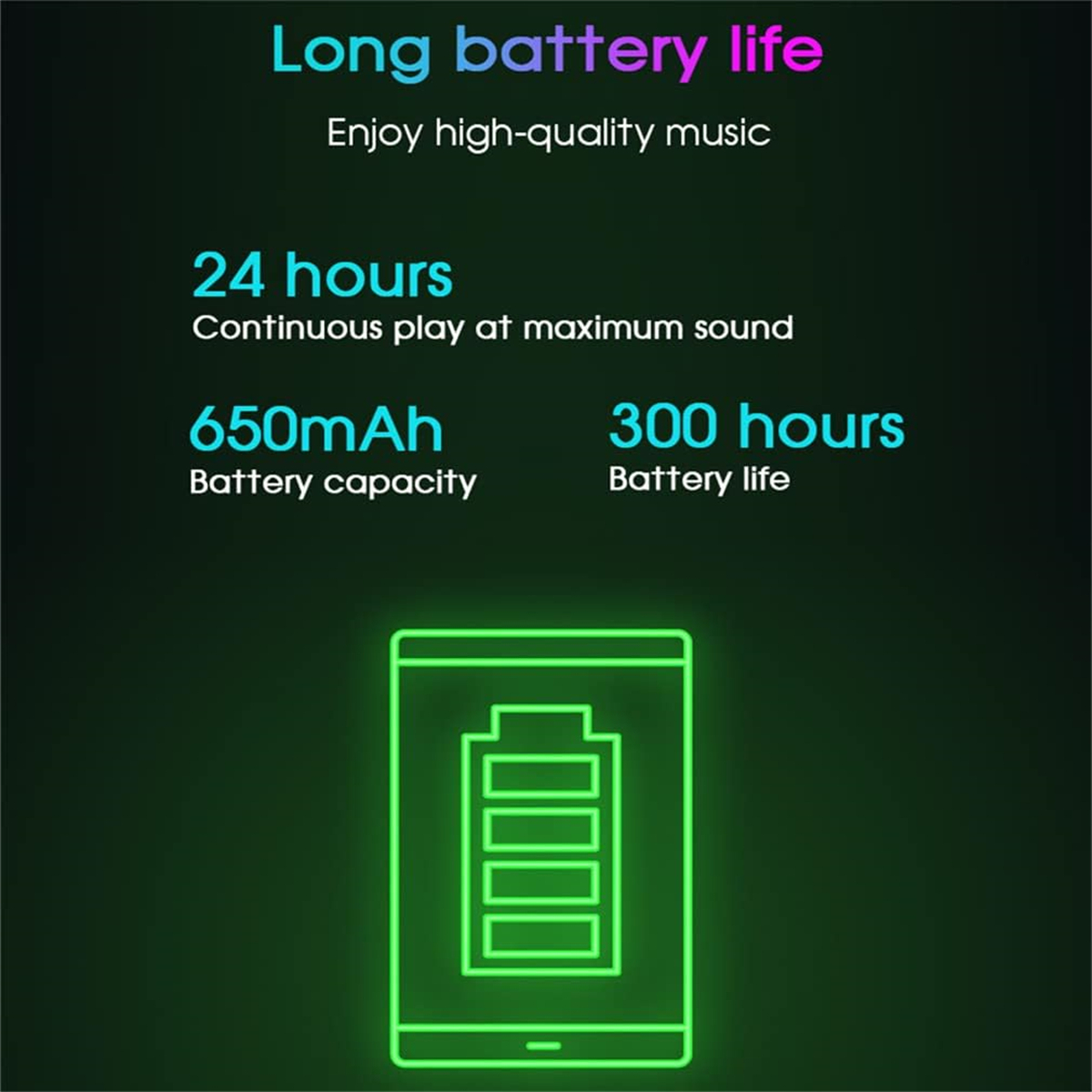 Bild zeigt Batteriedetails: 24 Stunden Wiedergabe, 650mAh Kapazität und 300 Stunden Lebensdauer.