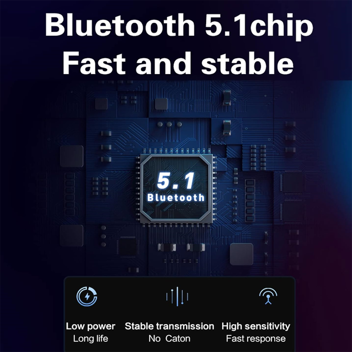 Eine Platine mit Text. Bluetooth 5.1 Chip mit geringem Stromverbrauch, stabiler Übertragung.