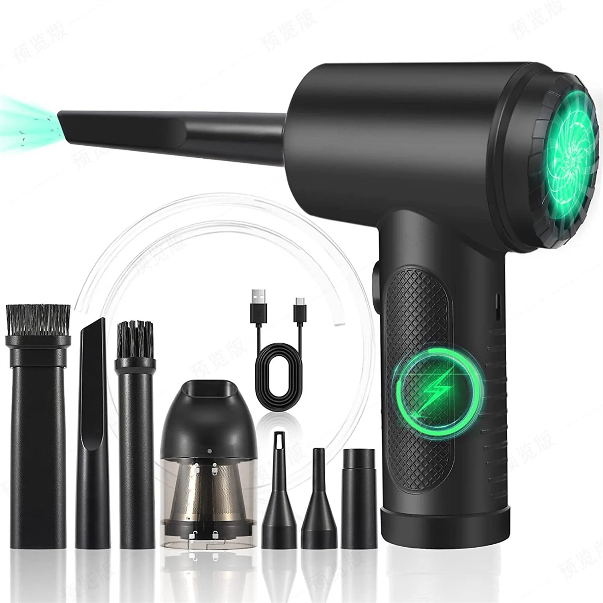 Ein schwarzer, kabelloser Luftstaubsauger mit Zubehör. Er hat ein USB-Kabel und verschiedene Aufsätze. Auf weißem Hintergrund.