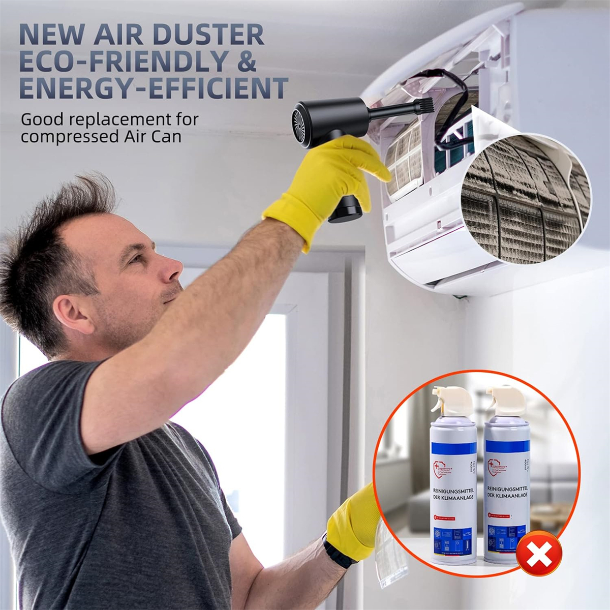 Mann reinigt Klimaanlage mit Luftdusche, gelbe Handschuhe, Flaschen mit rotem X.