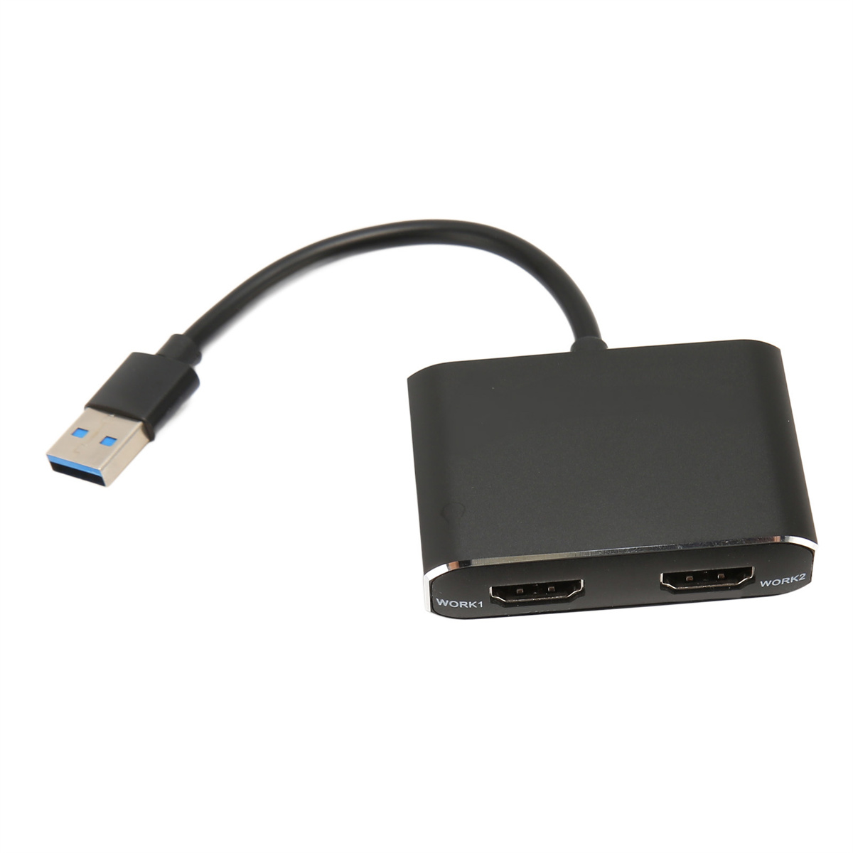 Schwarzer USB-zu-HDMI-Adapter mit zwei HDMI-Anschlüssen.