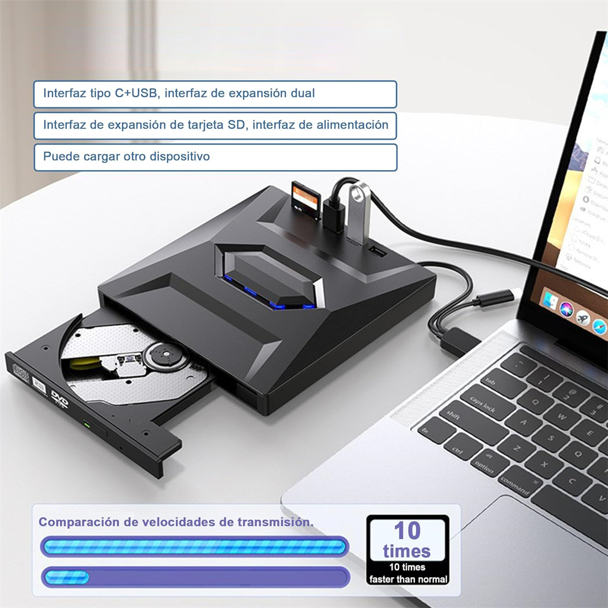 Ein schwarzes Gerät mit CD-Laufwerk und USB-Anschlüssen. Ein Laptop ist angeschlossen. Text: '10 mal schneller als normal'.