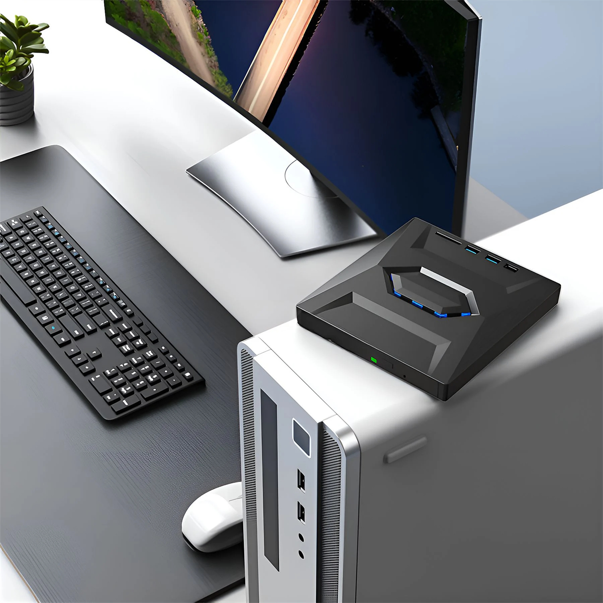 Ein Desktop-Setup mit Computer, Tastatur, Maus und Monitor.