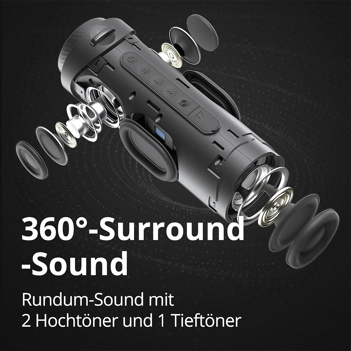 Explosionszeichnung eines schwarzen Surround-Sound-Lautsprechers mit Text: 360° Surround Sound.