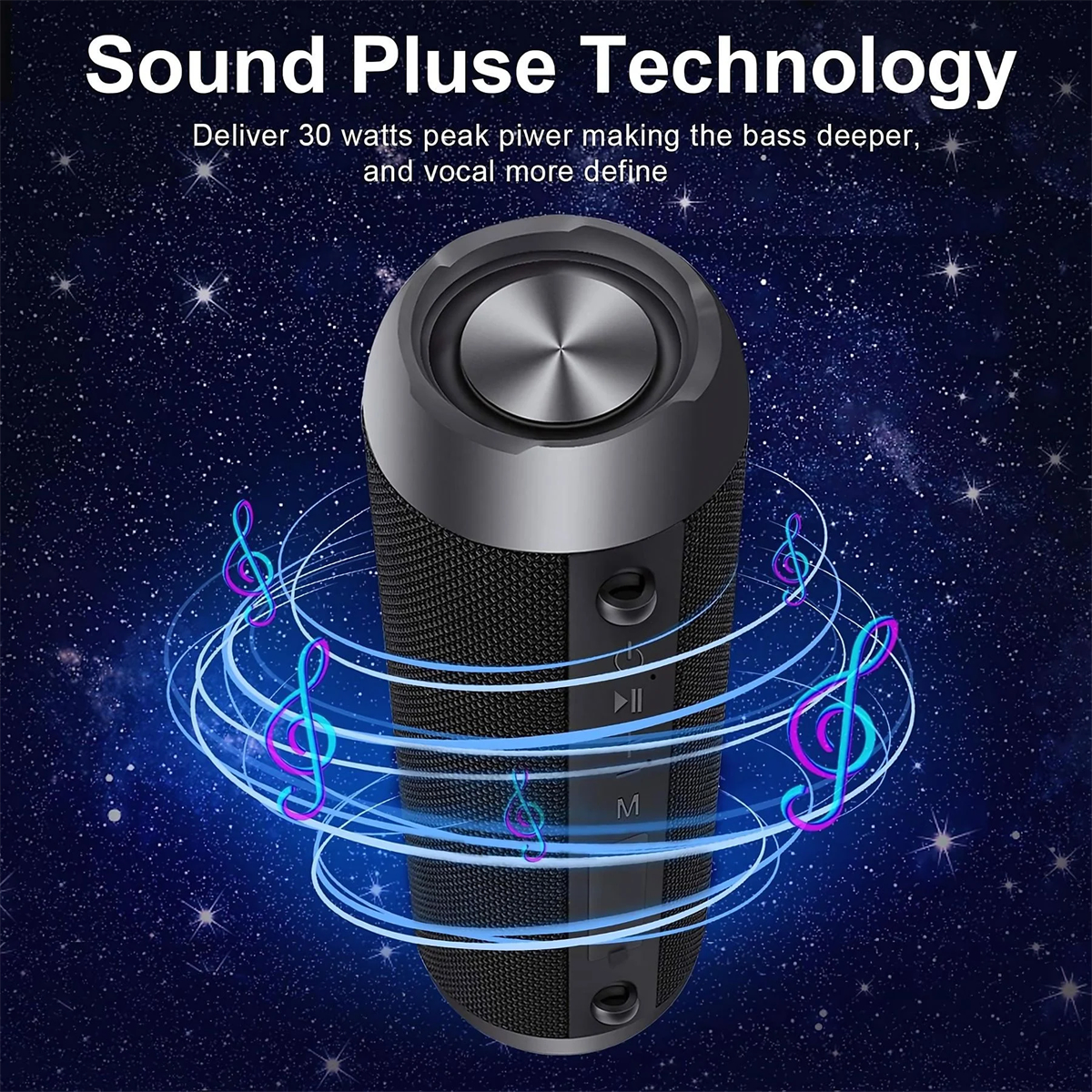 Schwarzer zylindrischer Lautsprecher mit Noten und Sternenhintergrund, Text: Sound Pulse Technology.