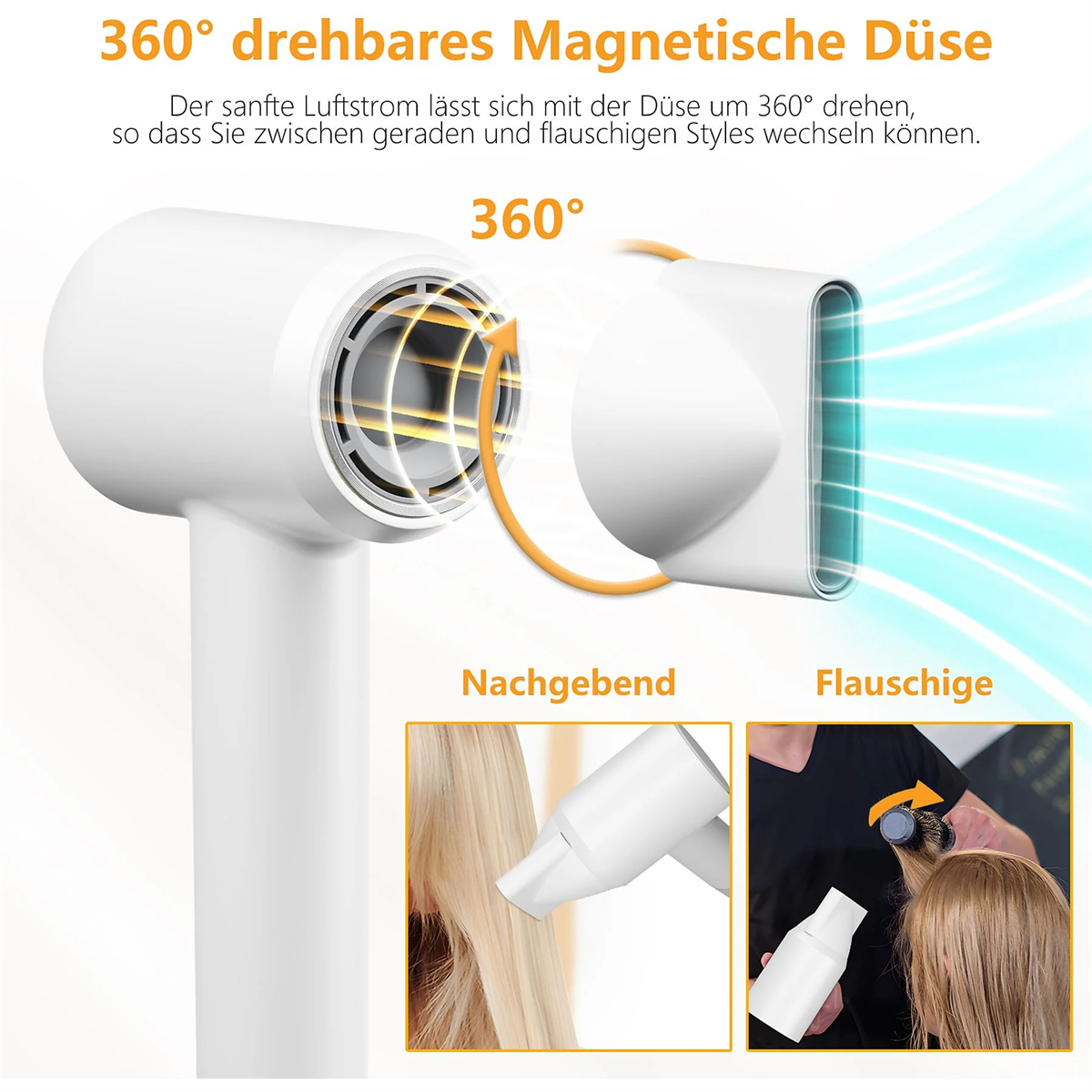 Weißer Fön mit drehbarer Düse. Zeigt den Haartrocknungsprozess.