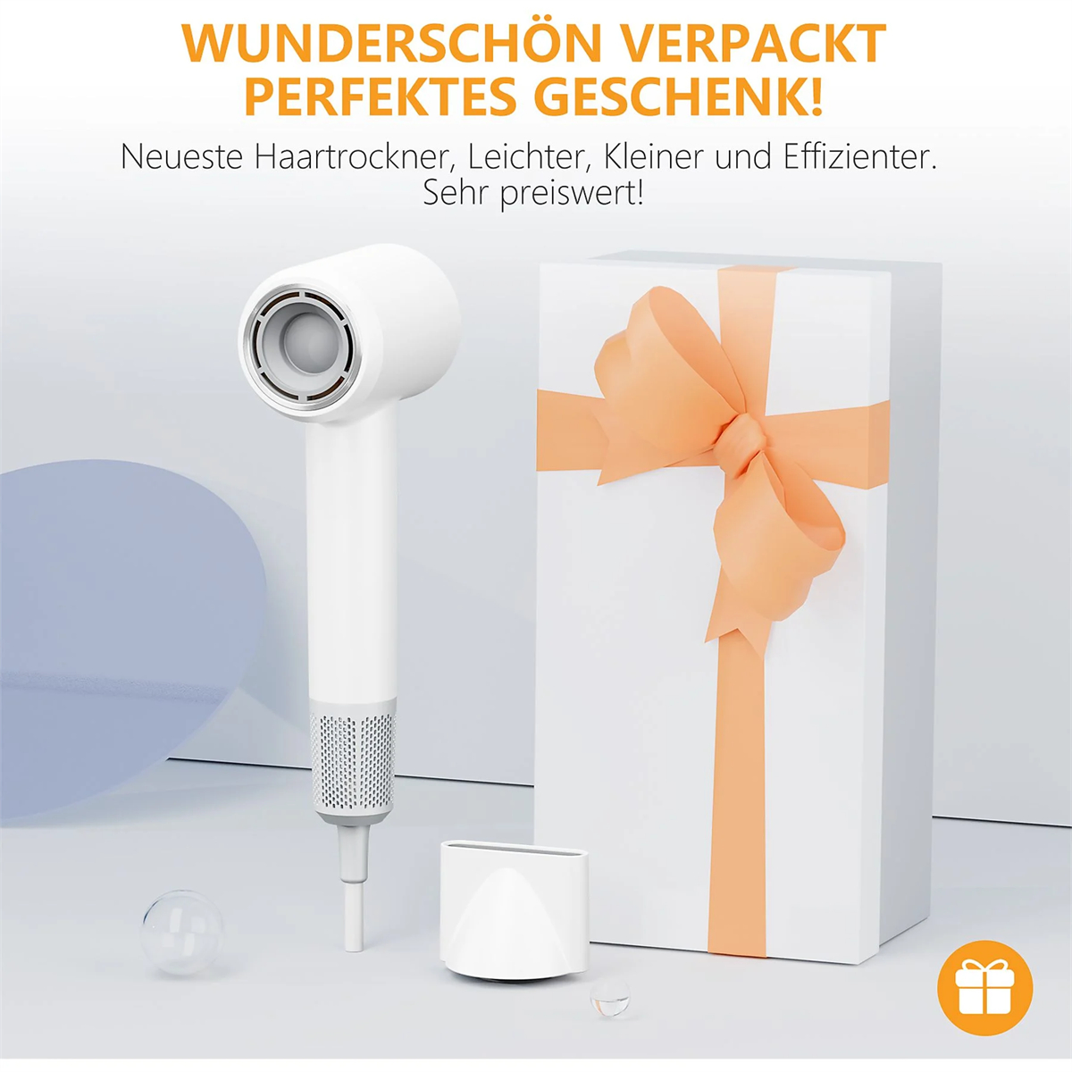 Weißer Haartrockner und Geschenkbox mit orangefarbener Schleife. Deutscher Text.