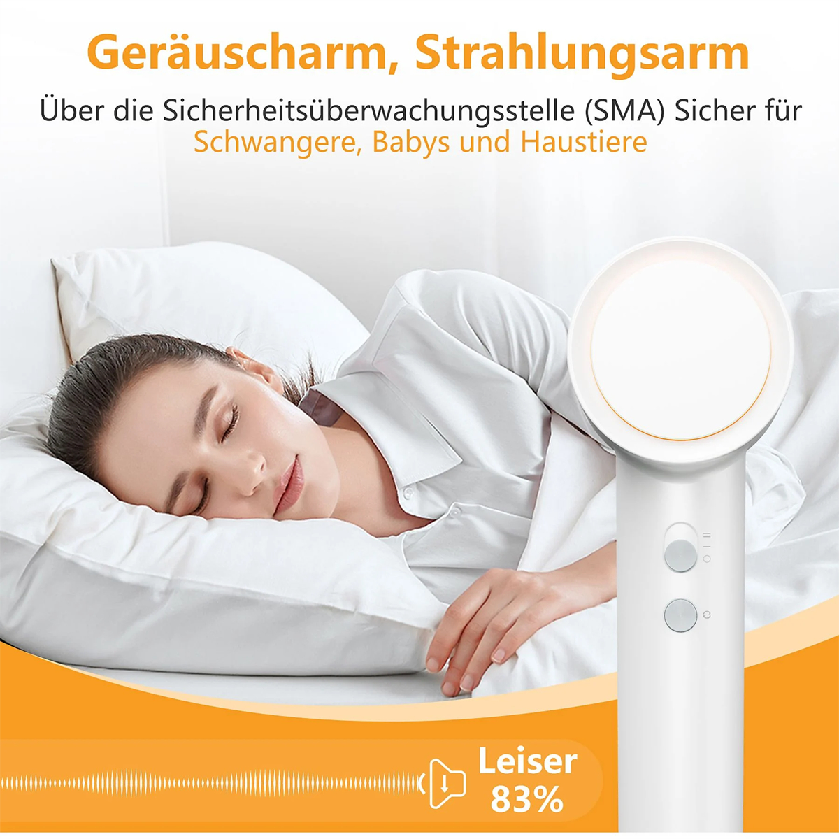 Eine Frau schläft in der Nähe eines weißen Ventilators mit Text über Strahlungssicherheit. Der Hintergrund ist orange und weiß.