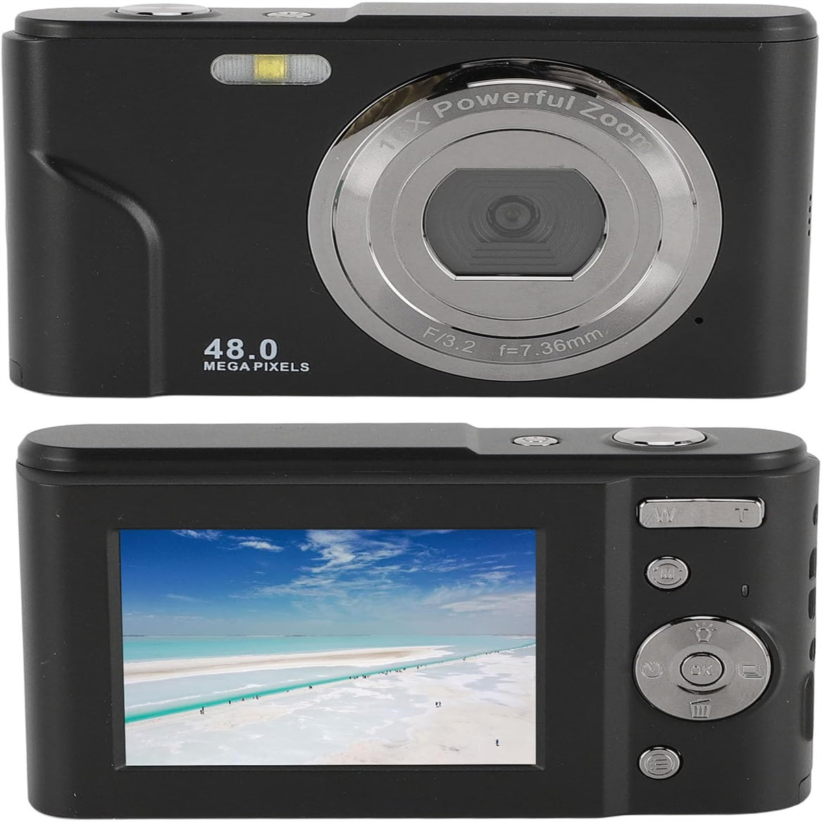 Eine schwarze Digitalkamera mit Objektiv, Knöpfen und einem Bildschirm mit Landschaft.