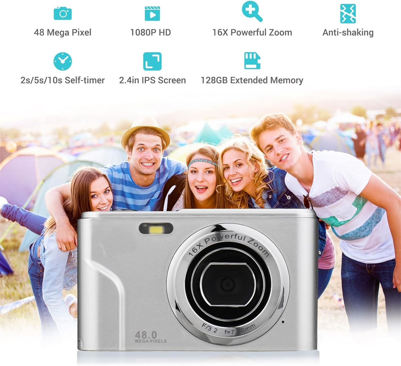 Fünfköpfige Gruppe mit Kamera. Merkmale: Zoom, Megapixel, Bildschirm.