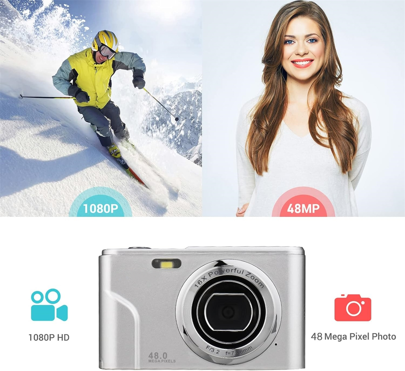 Geteiltes Bild: Skifahrer, Frau. Kamera mit 48 MP und 1080P HD-Funktionen.