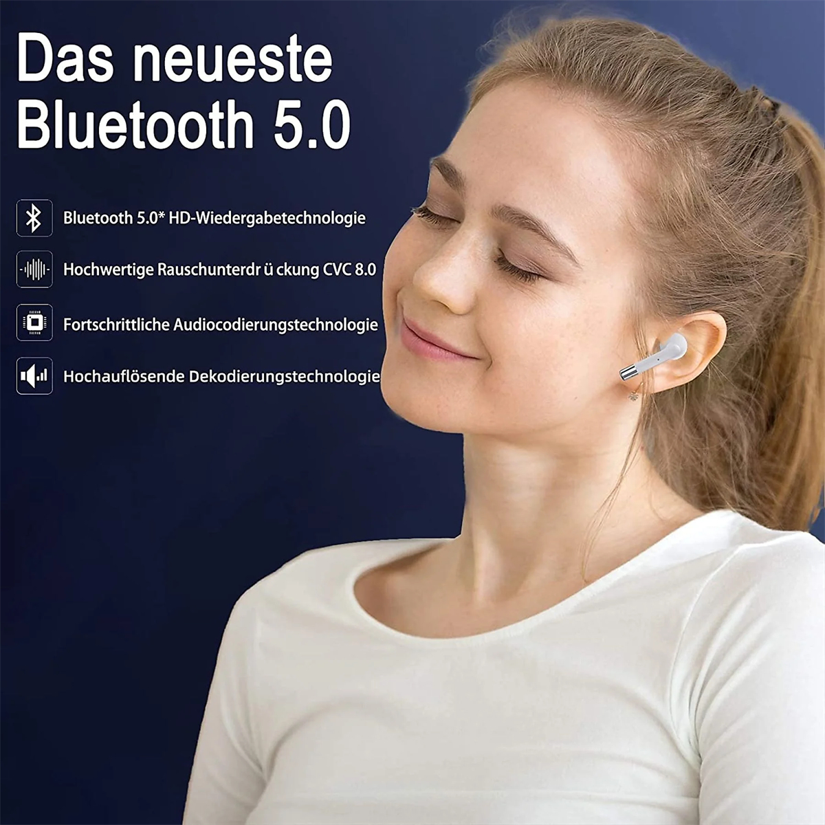Eine Frau mit Ohrhörern, mit Text zu Bluetooth 5.0, HD-Wiedergabe und Rauschunterdrückung.