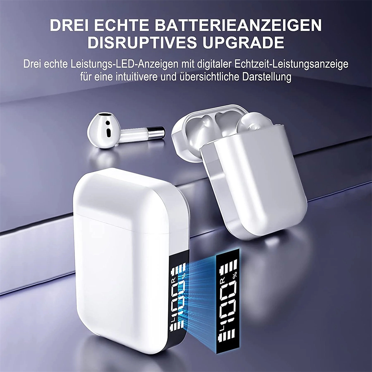 Weiße kabellose Ohrhörer mit Ladecase. Displays zeigen den Akkustand.