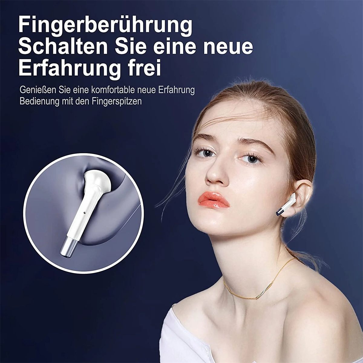 Eine Frau mit Ohrhörern und ein Diagramm eines Ohrhörers und seiner Funktionen.