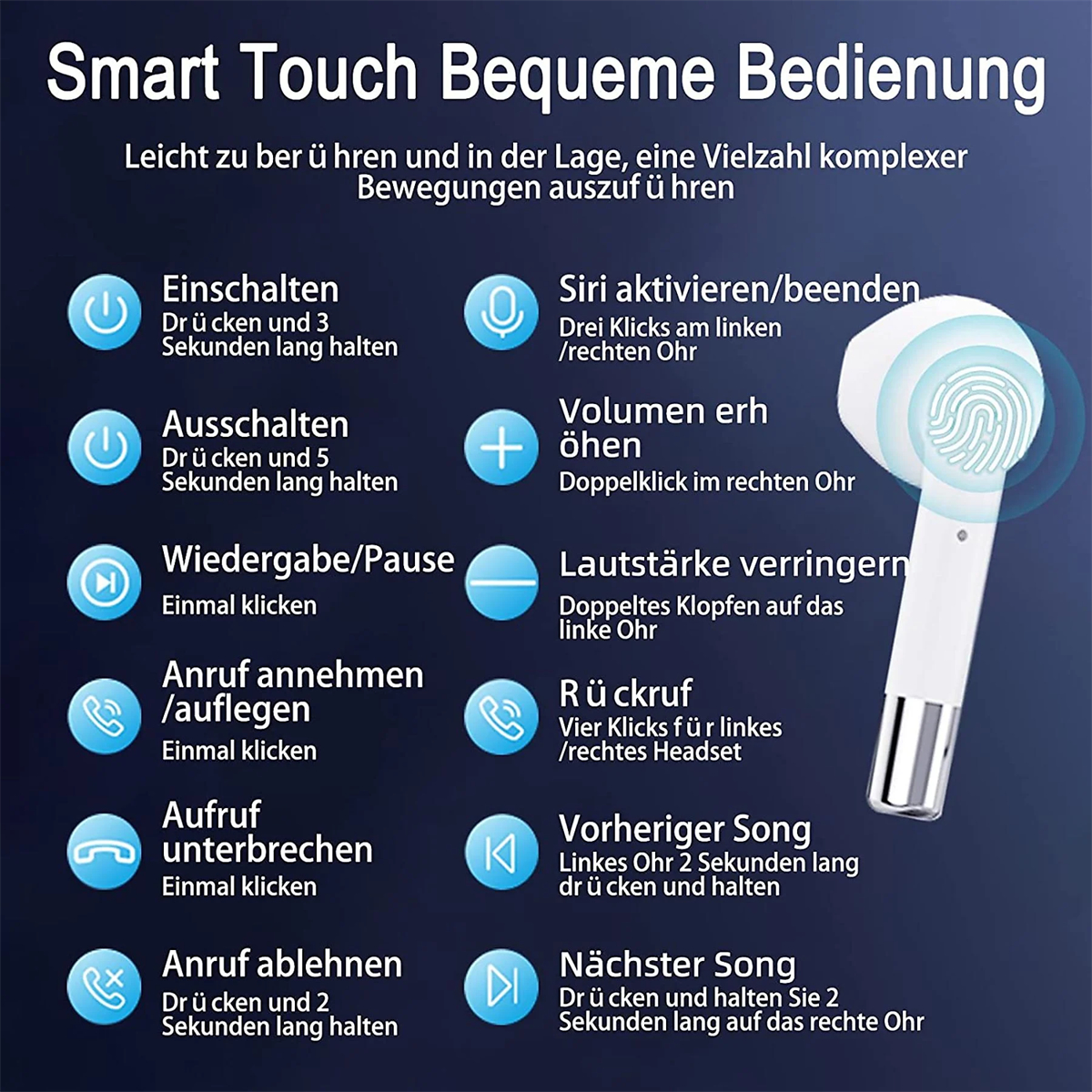 Diagramm, das die Smart-Touch-Steuerung und -Funktionen eines kabellosen Ohrhörers zeigt.