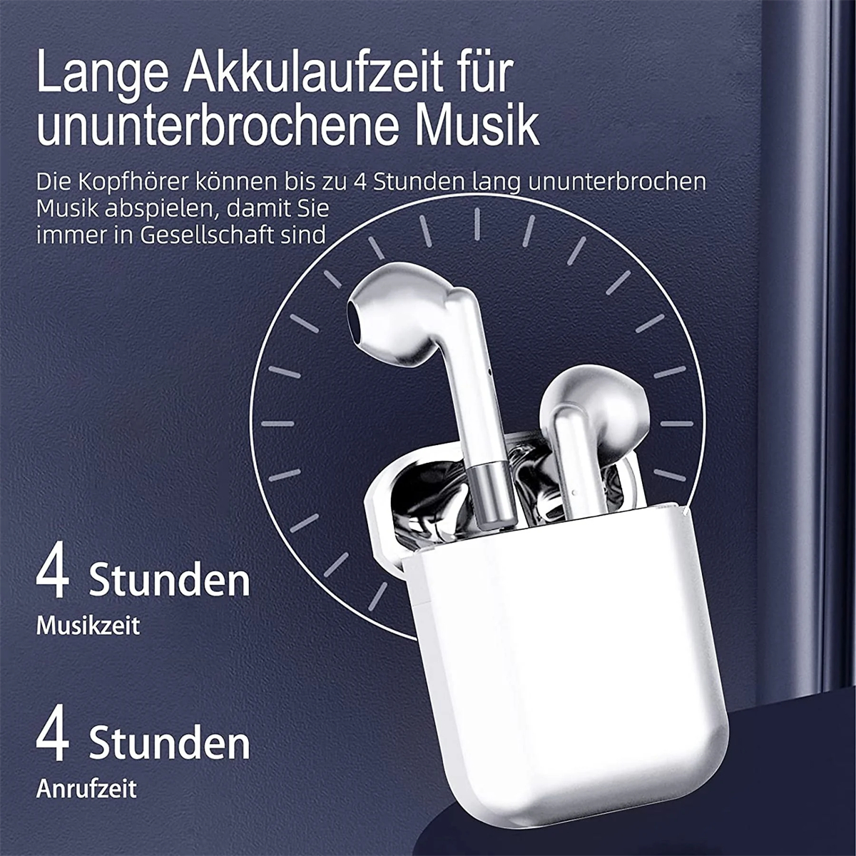 Weiße Ohrhörer in einem Ladekoffer mit Zeitanzeigen. Der Hintergrund ist ein dunkelblauer Farbverlauf.