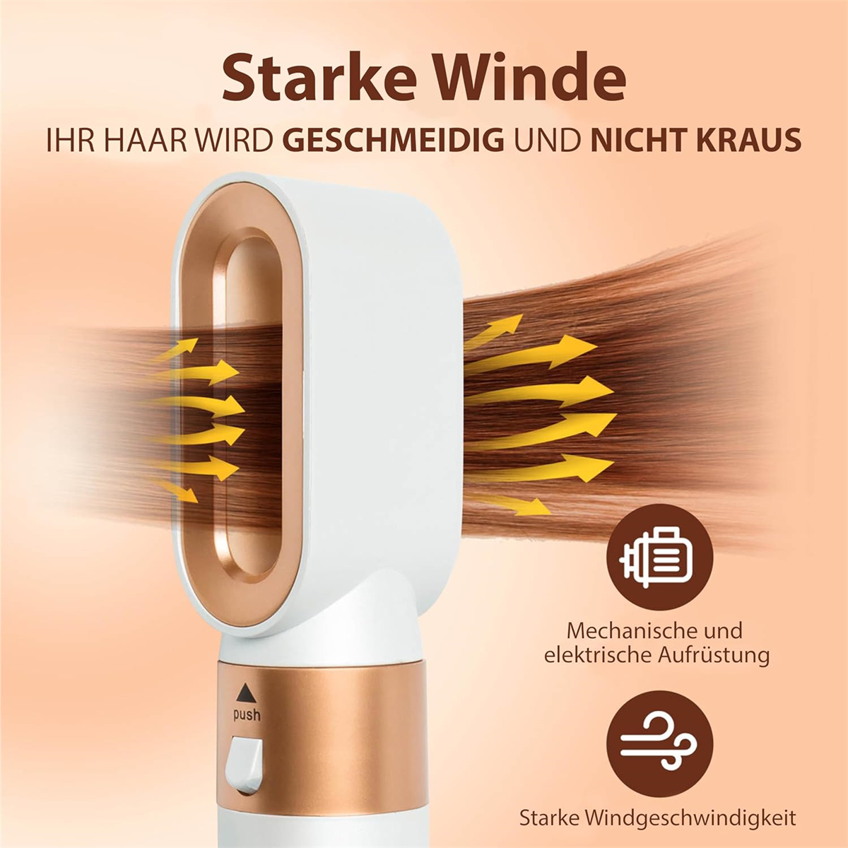 Ein weißer und goldener Haartrockner, mit deutschem Text über Haarpflege und Luftstrom.