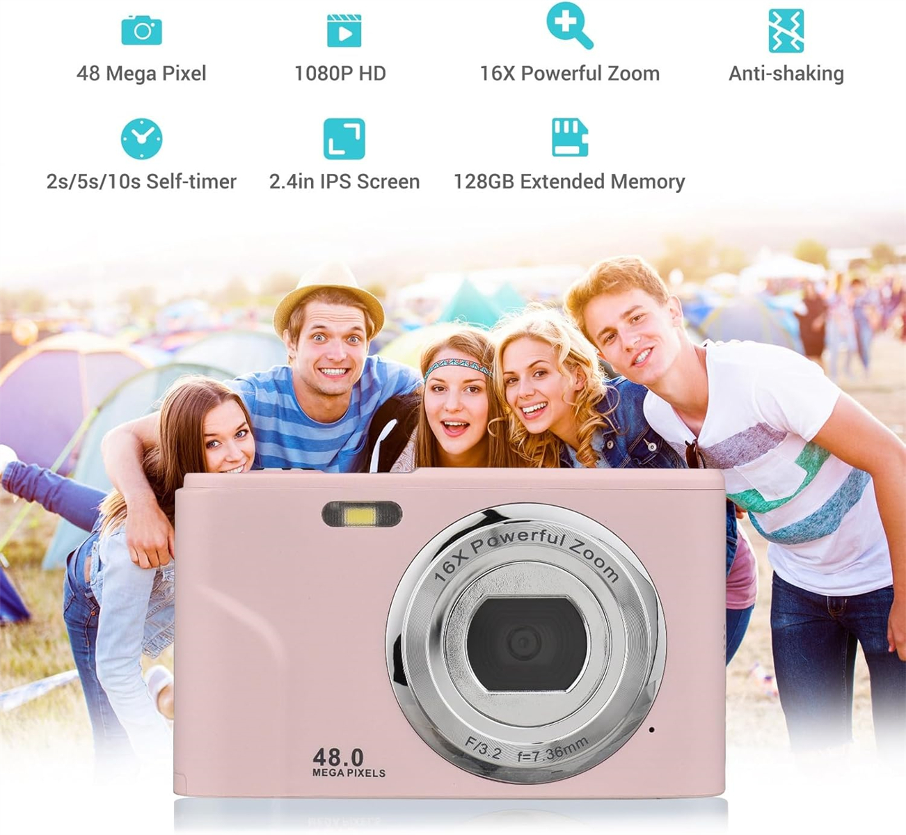 Rosa Digitalkamera mit Personen im Hintergrund, mit Text und Symbolen.