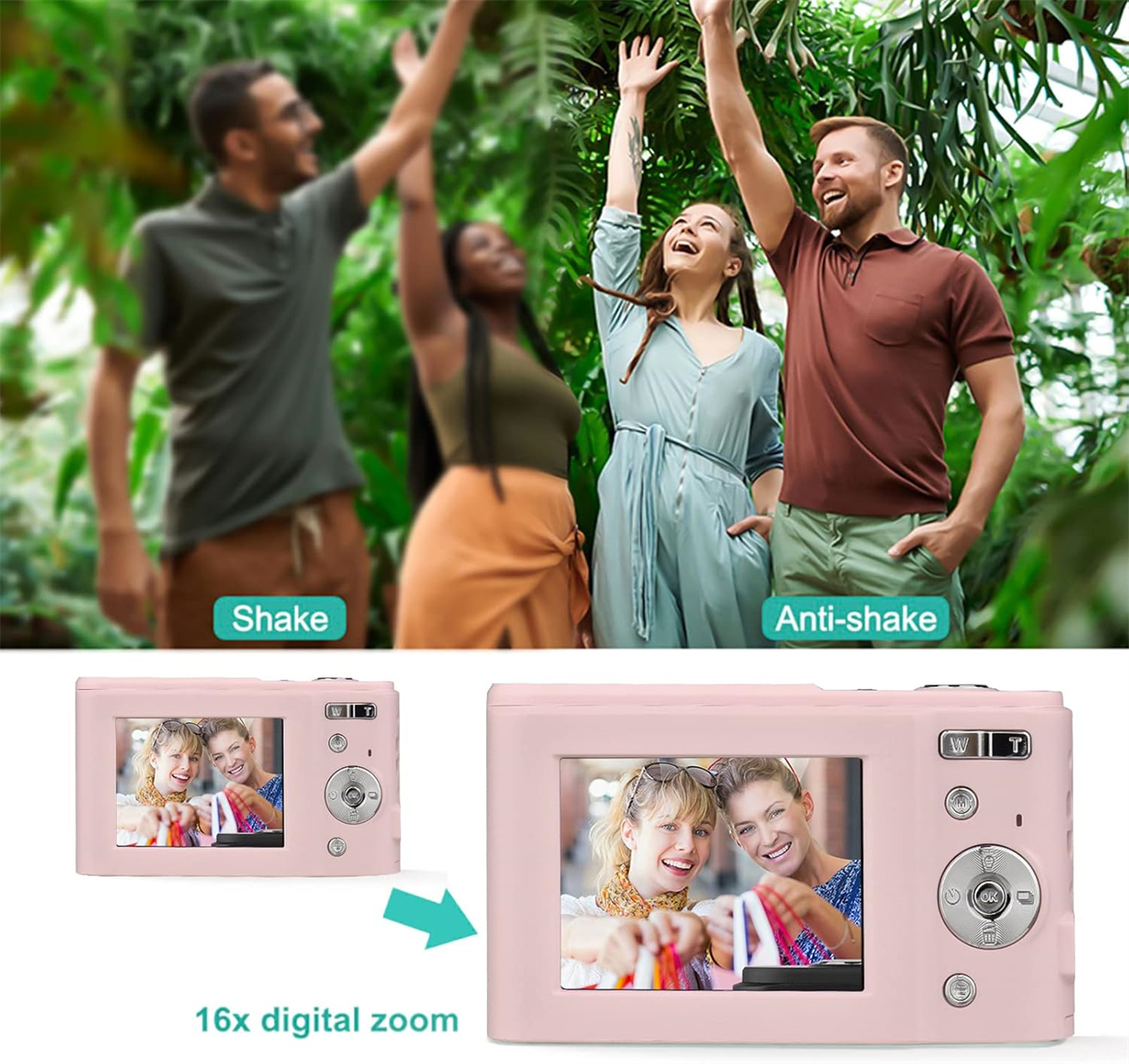 Rosa Digitalkamera. Es gibt zwei Bilder, eines mit Verwacklung und das andere ohne.