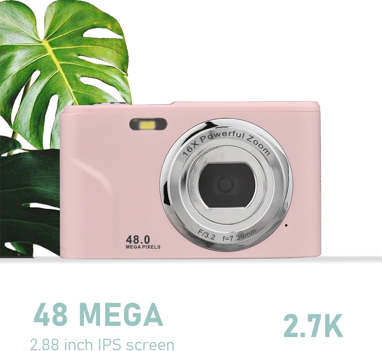 Rosa Digitalkamera mit Objektiv, Knöpfen und 2,88 Zoll Bildschirm.