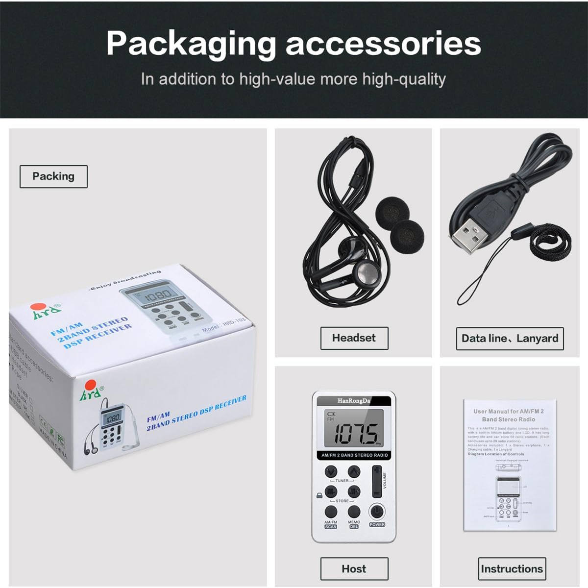 Verpackungszubehör: Headset, Radio, USB-Kabel und Anweisungen.