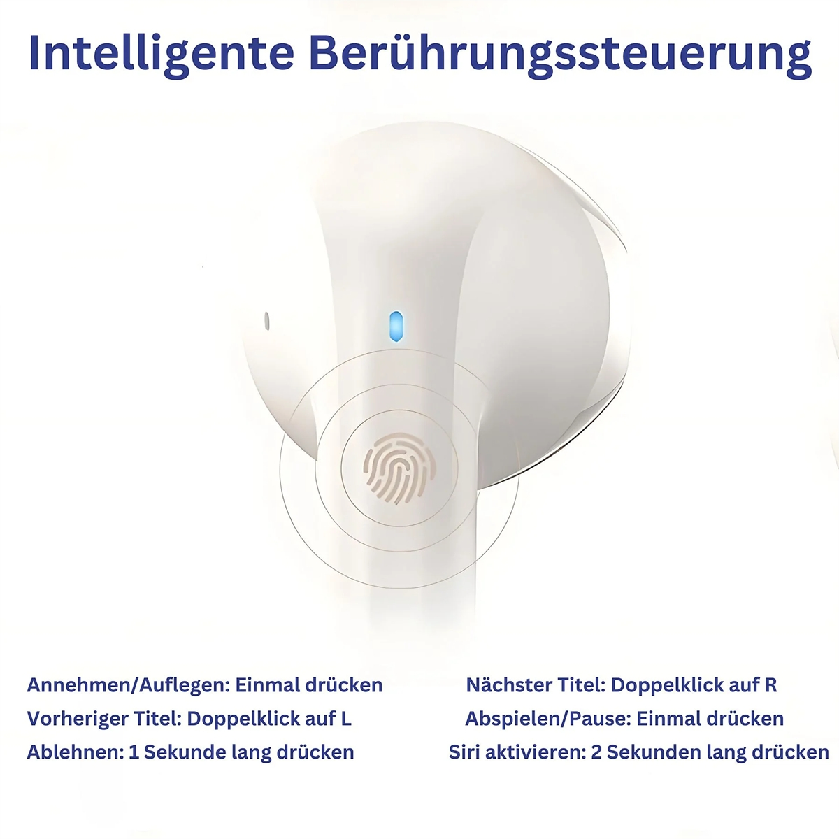 Weiße kabellose Ohrhörer mit hervorgehobenem Finger-Touch-Bereich. Text darunter beschreibt Touch-Steuerung.